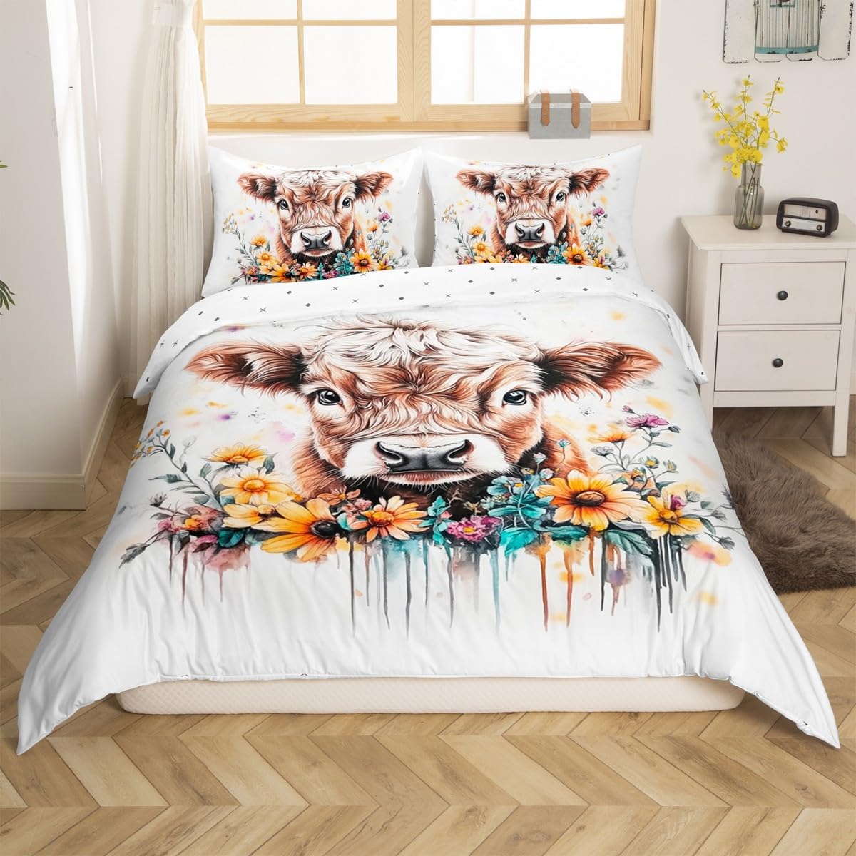 Homemissing Highland Cow Duvet Cover Boys Girls Cot Size Highland Cattle Bedding Set For Kids Animal Comforter Cover Set Western Farmhouse Bedspread Cover Room Decor Bedclothes Zipper