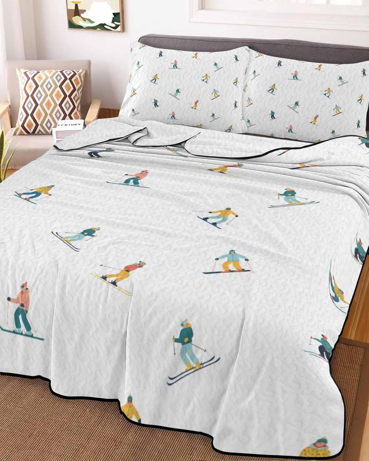Quilts Queen Size Bedding Set, Skiing Lightweight Summer Quilt 3 Pieces Bedding Sets, Winter Snow Ski Sports Cartoon Boys Girls Skier Reversible Bedspreads Coverlets with 2 Pillow Shams for All Season