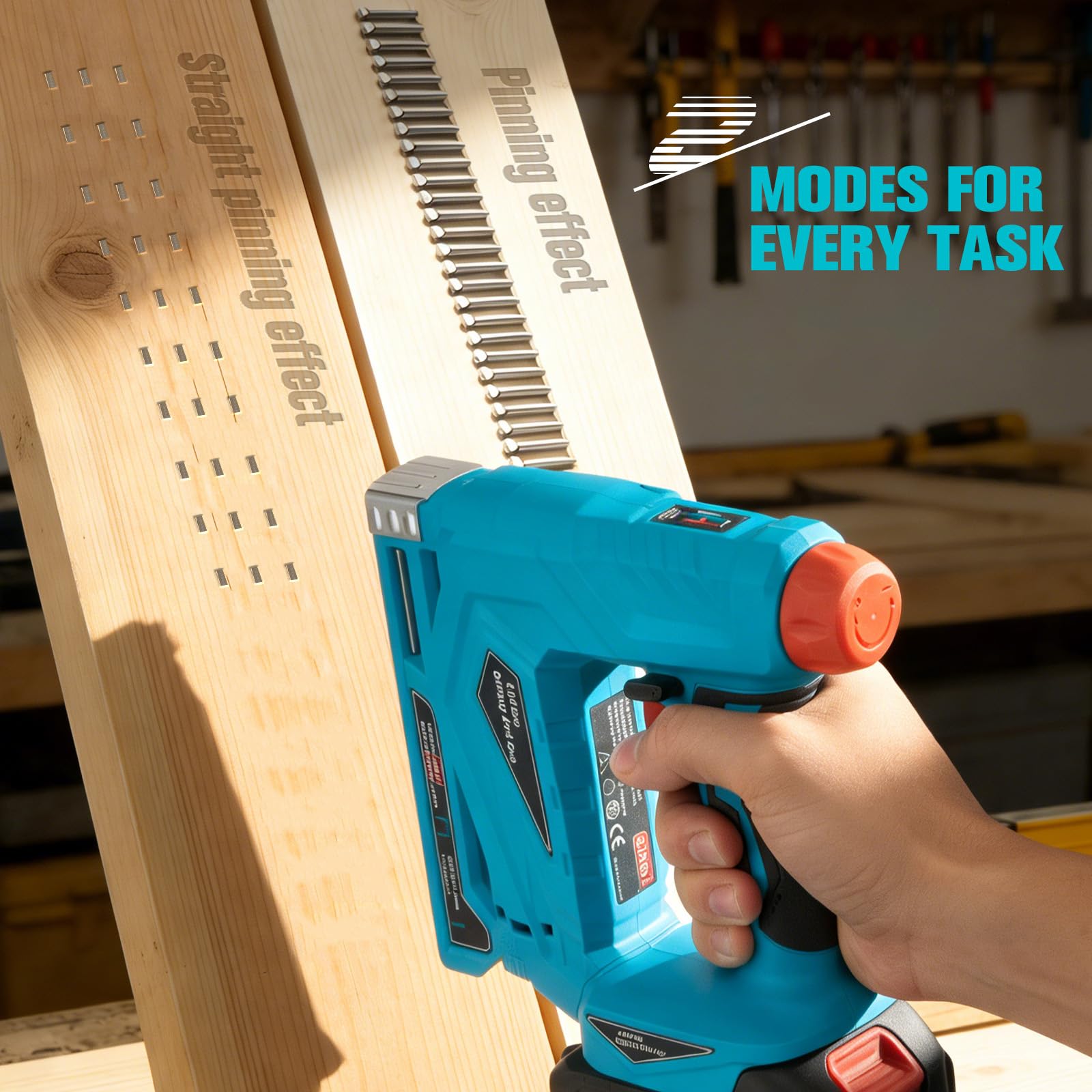 Pistola sparachiodi-spillatrice a batteria 3000mAh, profondità regolabile. Doppia funzione chiodatura, graffettatura. Sparo singolo o continuo. Ideale per legno, mobili e assemblaggi.