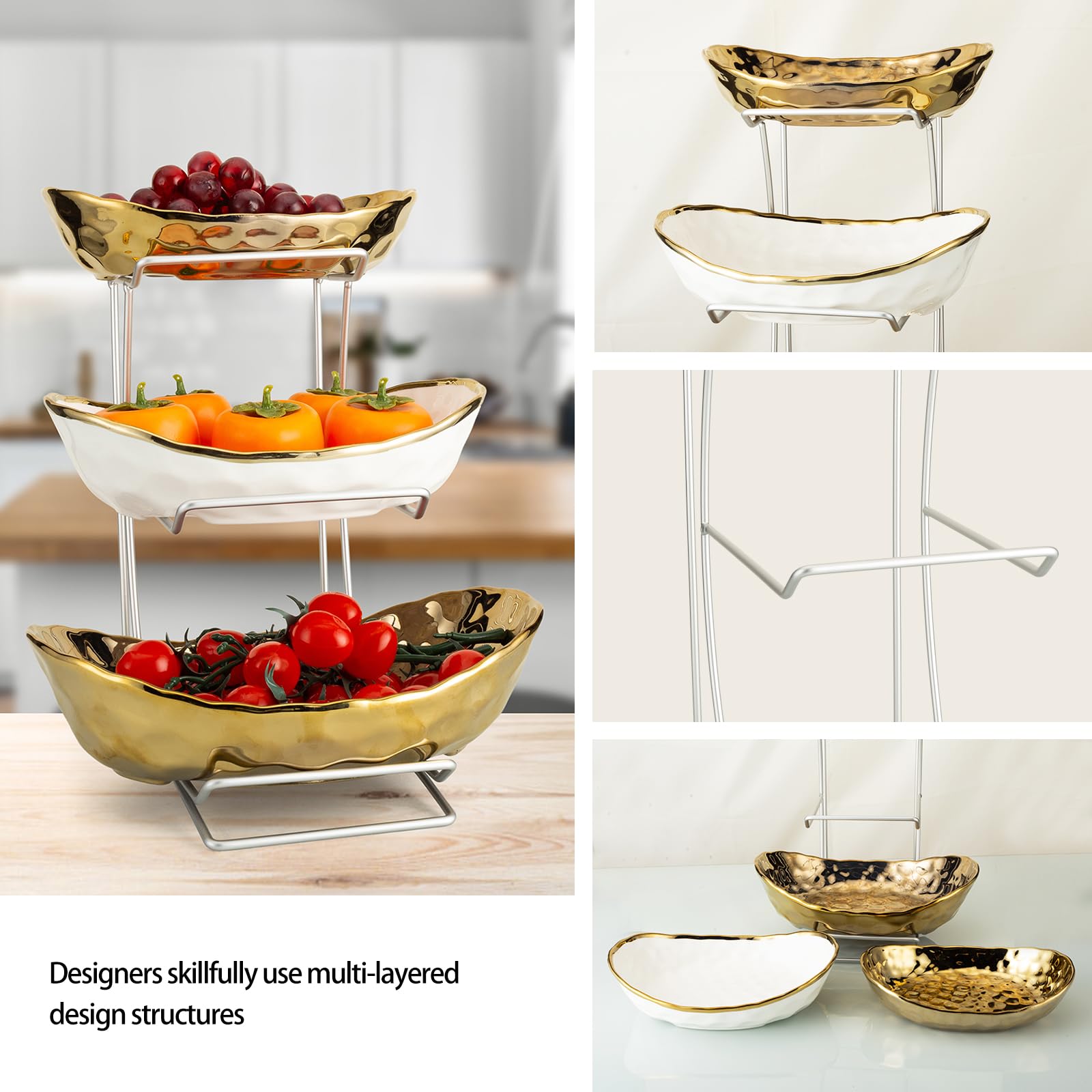 jessie Corbeille à fruits en céramique à 3 niveaux pour comptoir de cuisine avec support en métal, bols à fruits avec support, bols en porcelaine pour fruits, légumes, pain, bonbons, casse-croûtes,