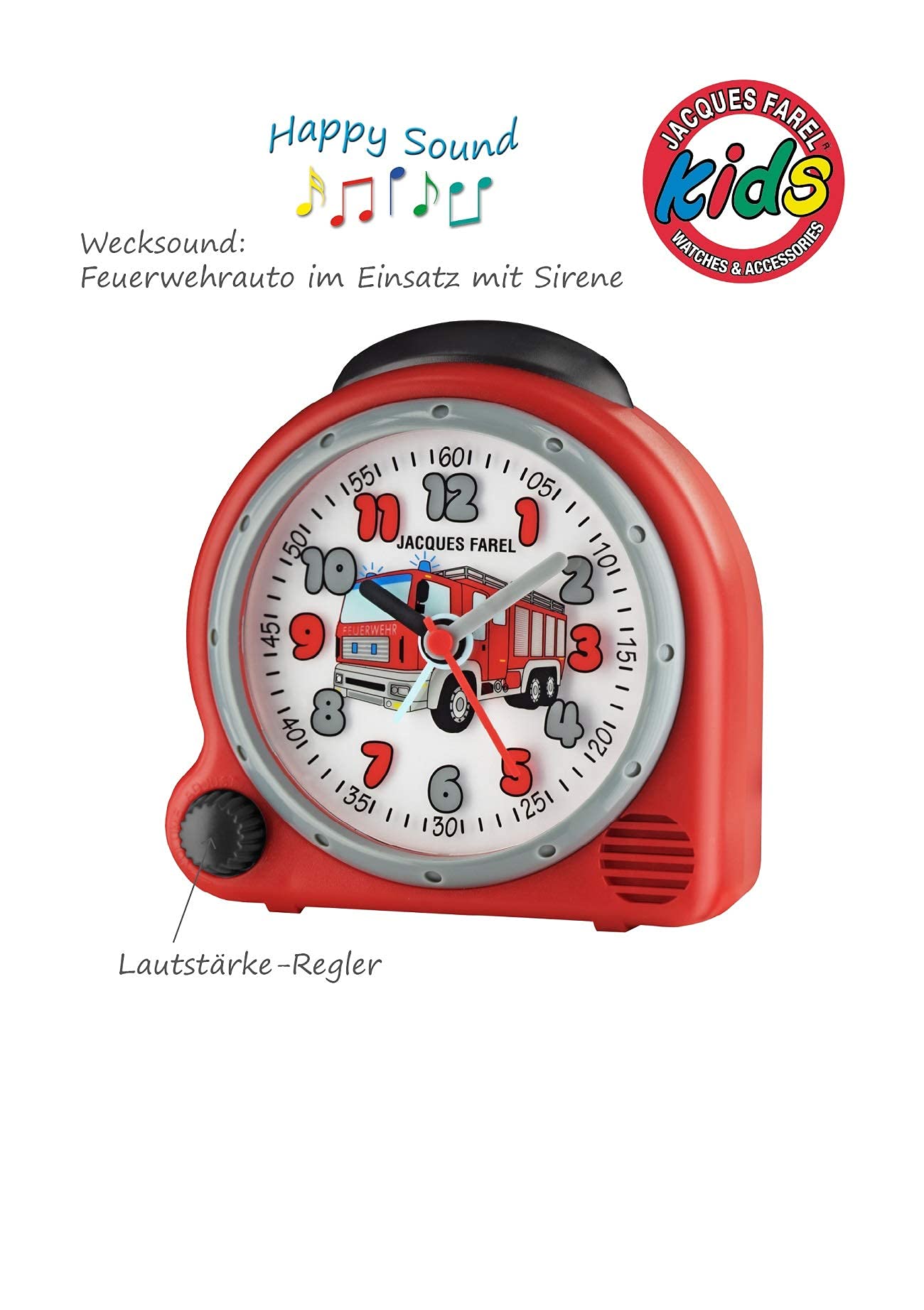 JACQUES FAREL HappySound Kinderwecker mit Melodie Soundwecker Rot mit Feuerwehr Sound Tatütata, Lautstärkeregelung Analog Quarz Licht AVC 02FIRE