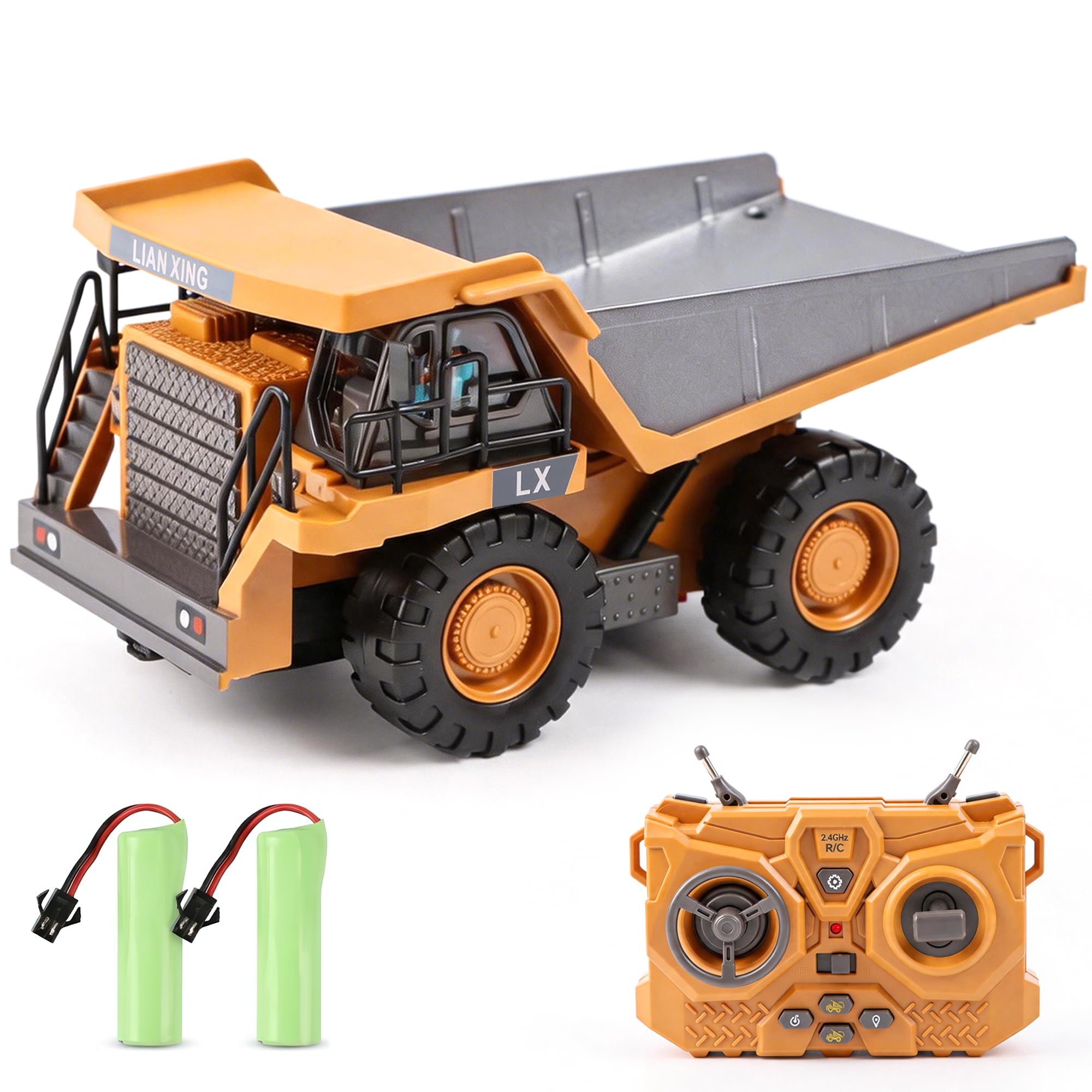 EYDLM RC Dump Truck Toy, Remote Control Construction Truck with Bed Lift/Lower, 4WD Heavy Duty Sand Toy with 2 Batteries, Best Birthday Gifts for Boys 3-5 4-7 8-12 Year Old