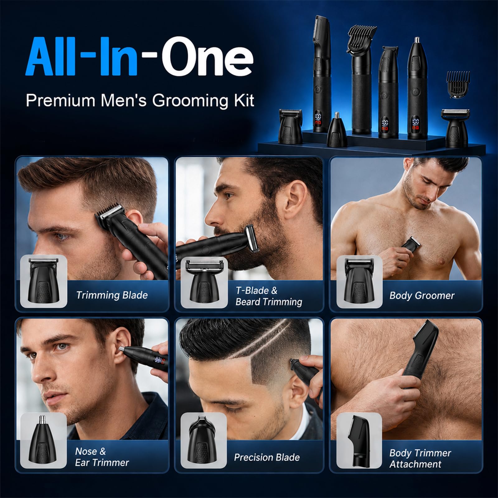 6 in 1 Rasoio Elettrico Corpo Uomo, Rifinitore per del Corpo da Uomo con Testine Magnetiche e Base di Ricarica, IPX6 Impermeabile per Viso, Capelli, Barba, Corpo, Contorni, Zone Sensibili e Intime
