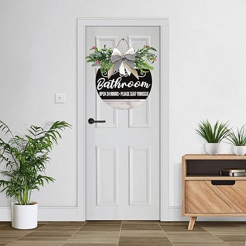 Miniatura 3 de Letrero de puerta delantera de baño, coronas divertidas, placa de madera colgante, decoración redonda de madera rústica, decoración de porche para