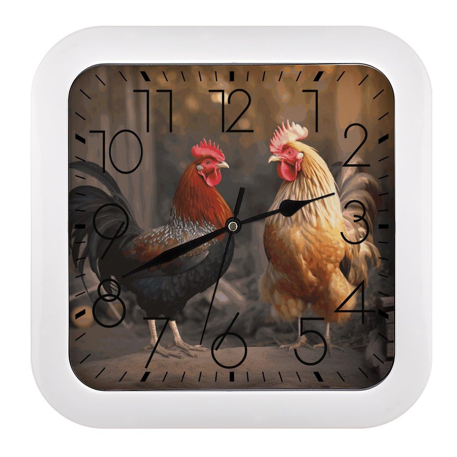 LDGSUPH Rooster and Chicken Wall Clock Silent Non-Ticking Modern Clock Personalized Vintage Square Clocks for Travel Office Kitchen Home Decorative Clocks 10.2 Inch