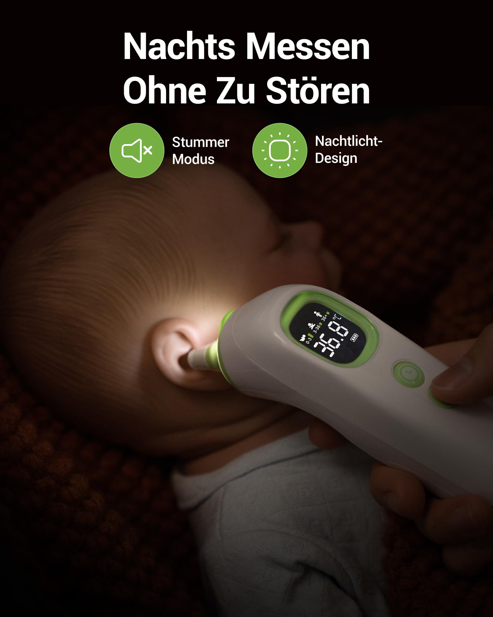 Fieberthermometer Ohr mit vorgewärmter Sonde, verstellbarer Komfort-Spitze, Alters-Temperaturführung, Nachtlicht & Speicher - Baby & Erwachsene