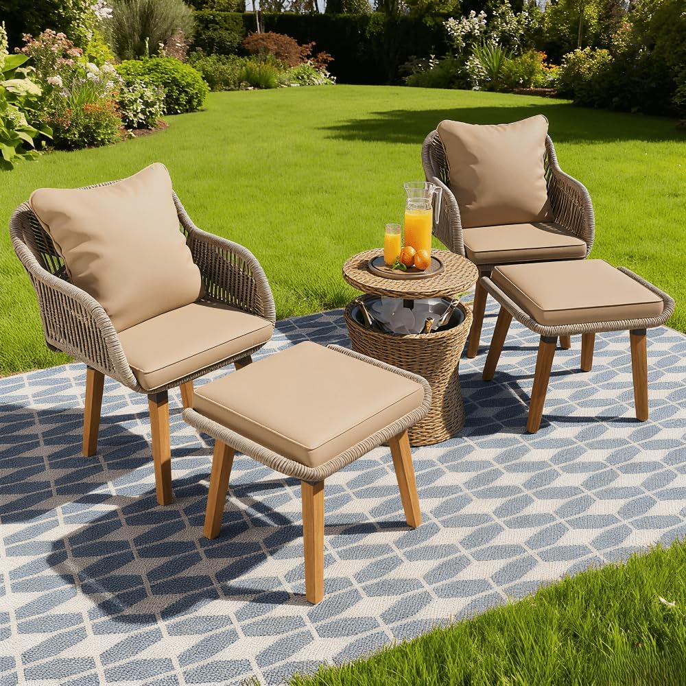 5-Piece Patio Furniture Set, Outdoor Conversation Set with Wicker Cool Bar Table, 4 Chairs and Ottomans, for Porch, Backyard, Balcony, Brown