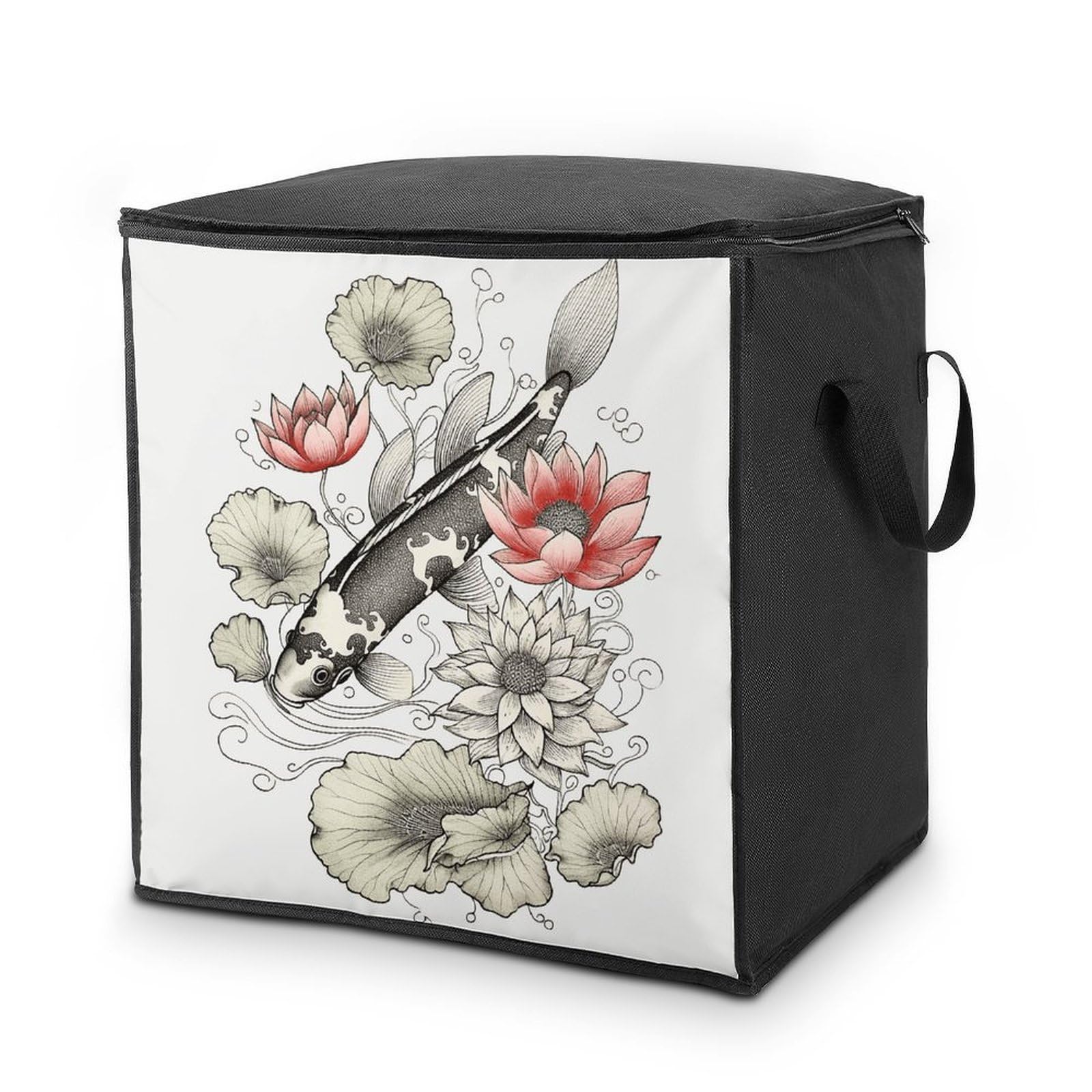 Fish Japanese Carp Lotus Leaves Flower Storage Bag with Zippers And Handle Extra Large Bedding Comforter Storage Bag Foldable Blanket Storage Bags Fabric Moving Bags for Closet Organizer (70L)