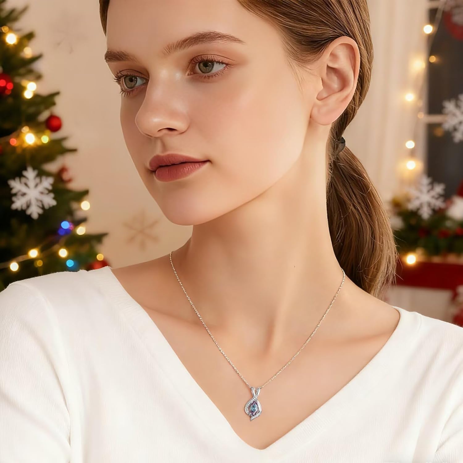 Iefil Marquise Birthstone Necklace for Her, 925 Sterling Silver Teardrop Necklace Birthday Gifts Dainty Necklaces Birthstone Jewelry for Wife Daughter, 19"+2" Inches - Image 8