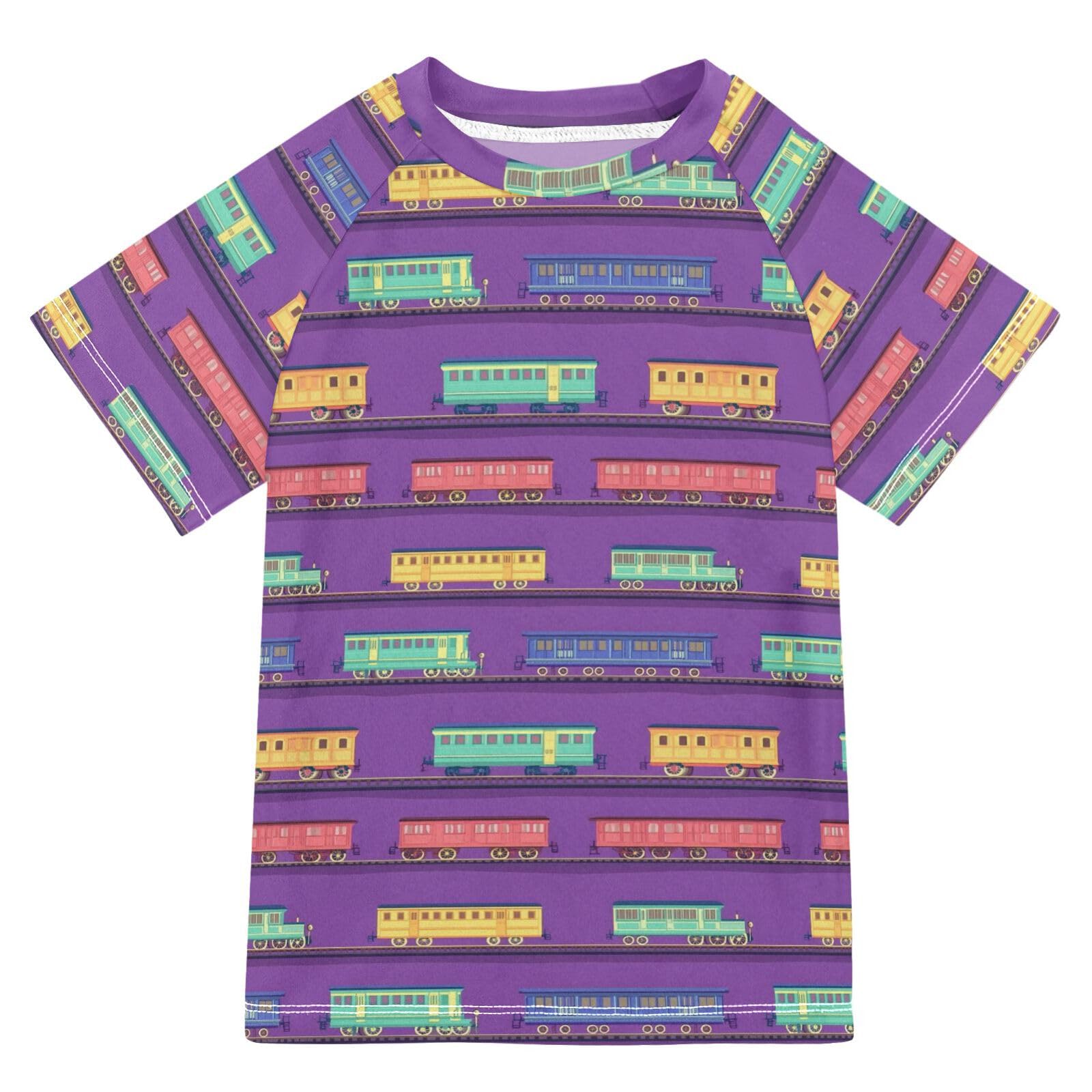 Girls Bathing Suit Short Sleeve Kids Rash Guard Swim 11T Train Cars Purple