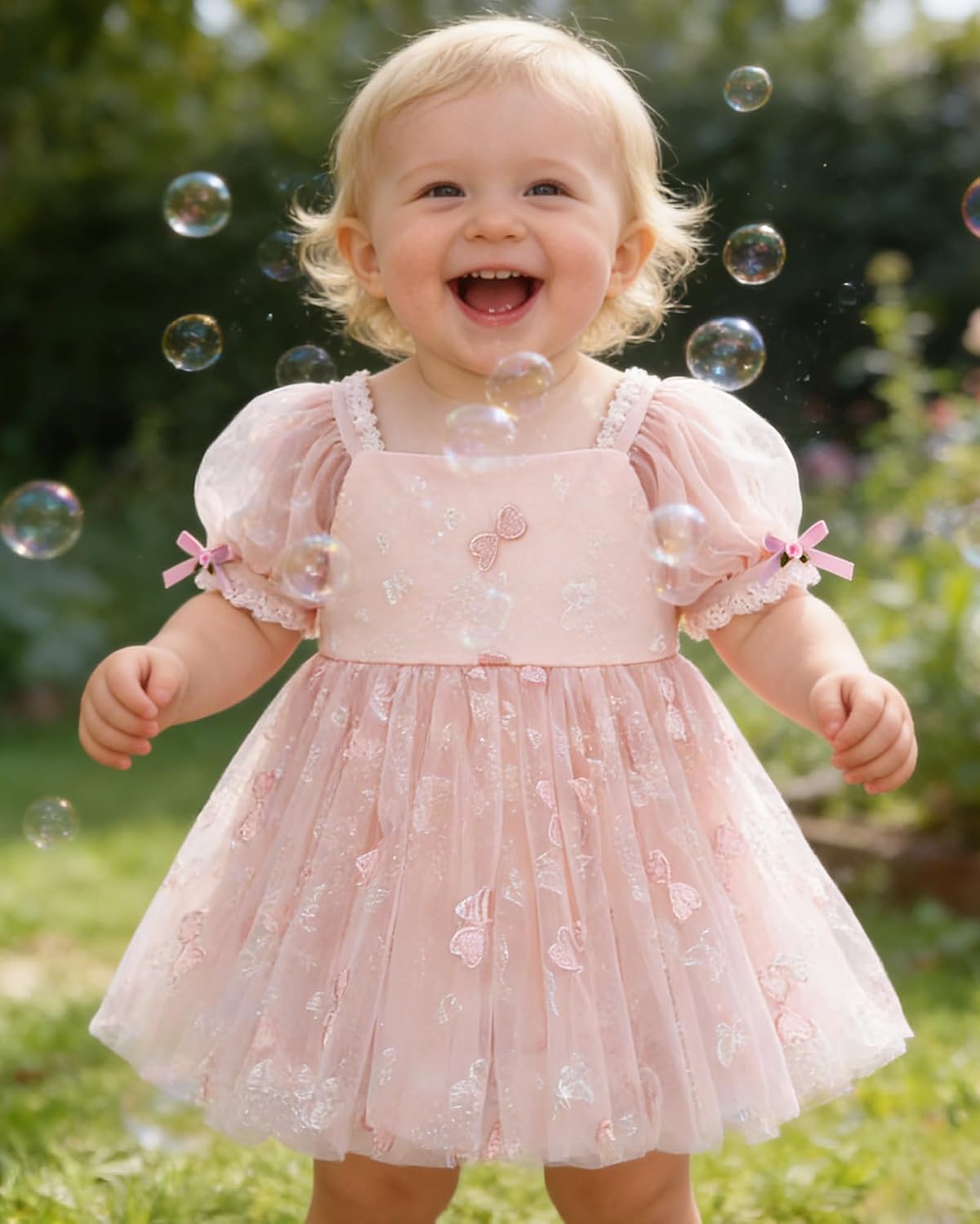 YALLET Baby Girl Dress Embroidery Tulle 1st Birthday Girl Outfit Puff Sleeve Lace Tulle Romper Newborn Dress for 0-24 Months image 3