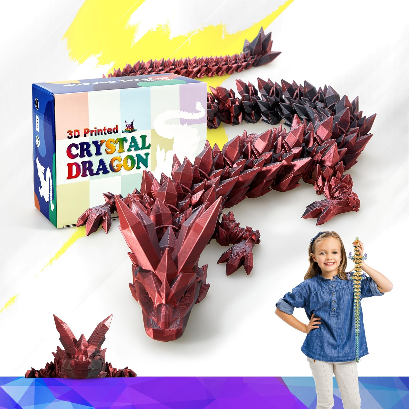 24 Inch Large 3D Printed Crystal Dragon Toy,Dragon Figurine Large Toy for Kids(Black-Red, 24 inch)