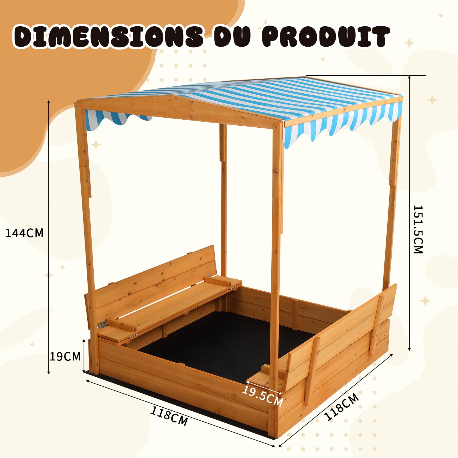 LEADZM Bac à Sable en Bois pour Enfants avec Couvercle Toit et Banc, 118.2 x 113 x 151.5 cm, Grand Bac à Sable Extérieur pour Jardin, Plage, Parc, Cadeau pour Garçons et Filles de 3 à 12 Ans