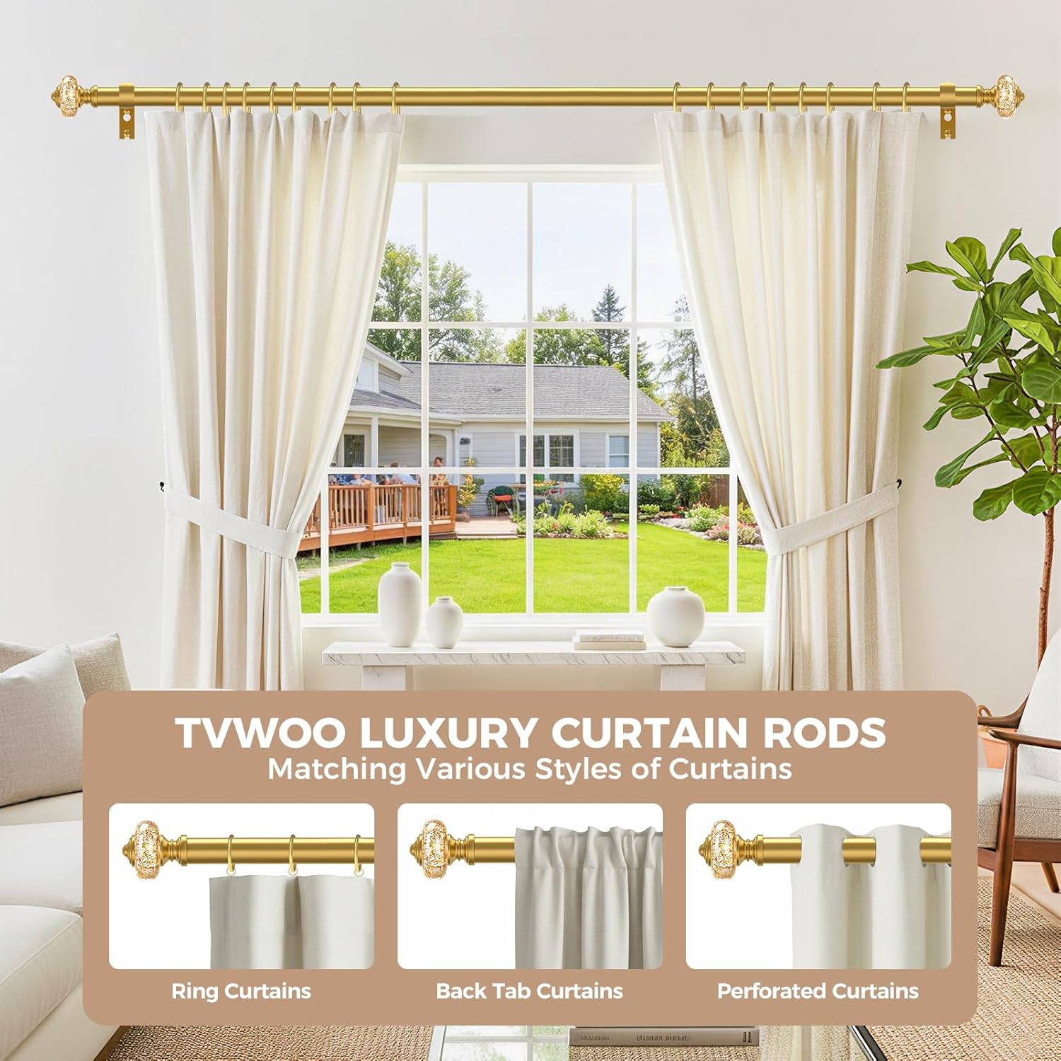 TVWOO Gold Curtain Rods for Windows:1Inch Adjustable Heavy Duty Curtain Rod 66-120",Modern Crystal Decorative Drapery Rods for Bedroom/Living Room, Brass Gold Luxury Single Rod with Bling Foil Finials