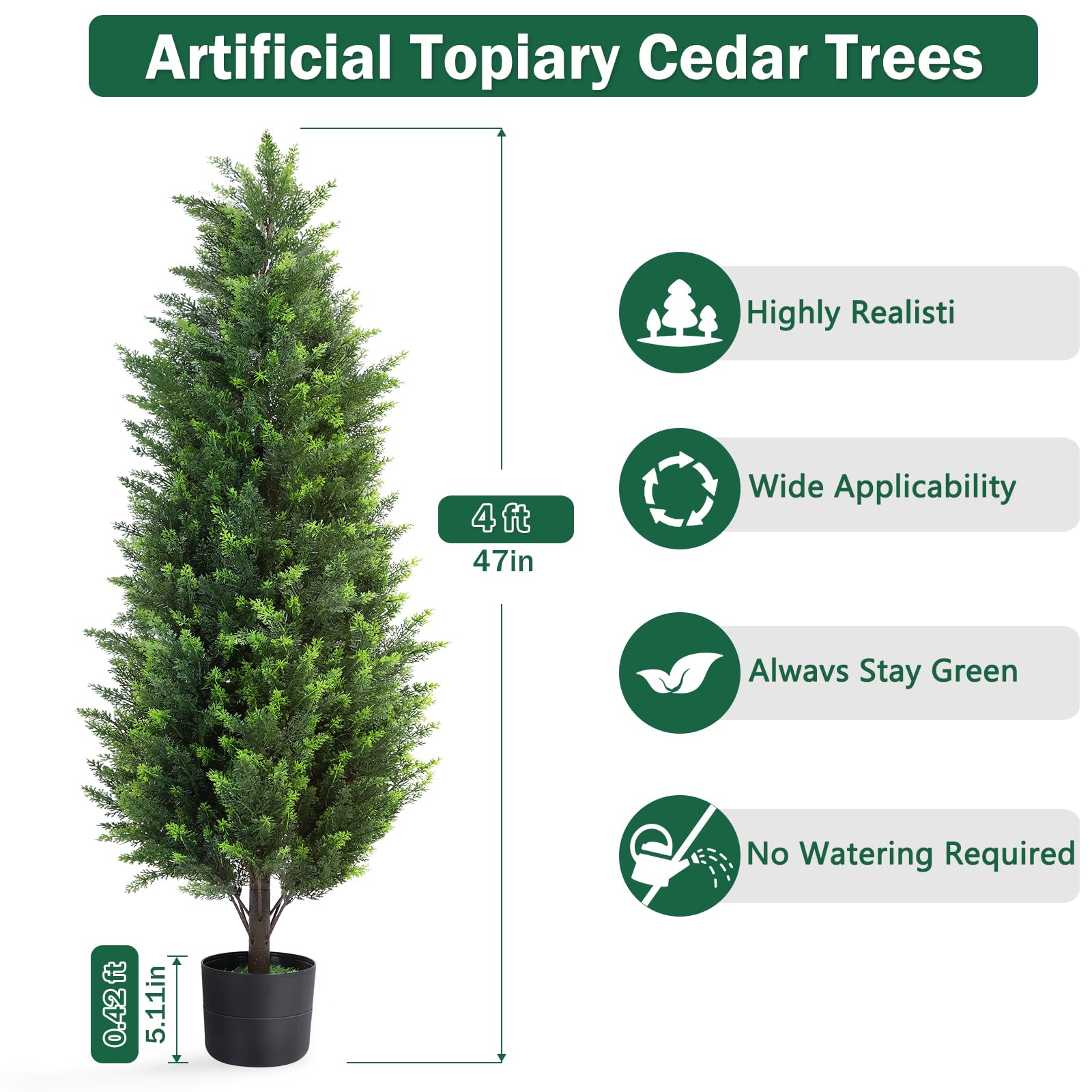 Lot de 2 arbres topiaires artificiels en cèdre de 1,2 m de haut, plantes artificielles en pot résistantes aux UV, faux arbustes pour extérieur, intérieur, maison, entrée, porche, jardin, terrasse