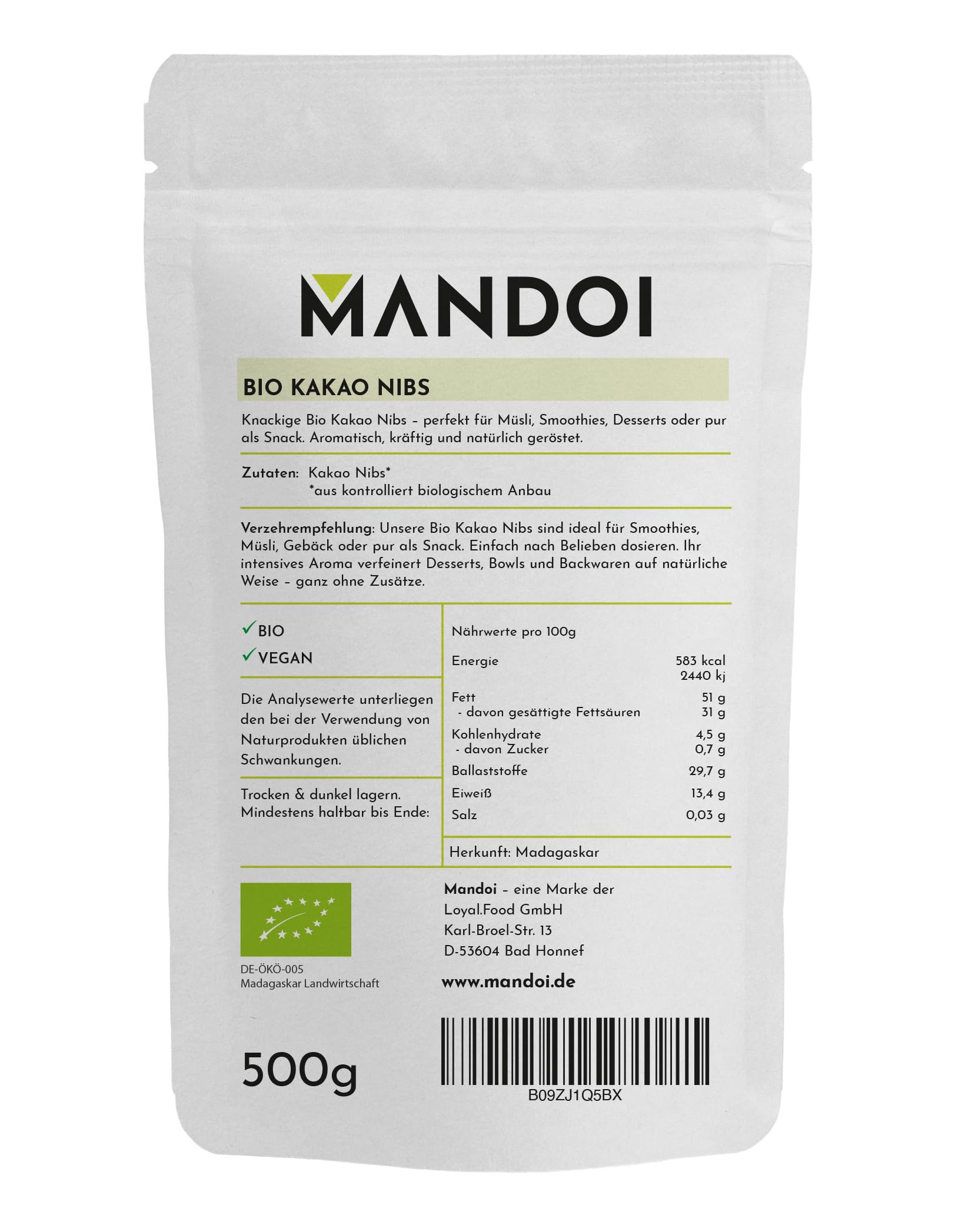 Mandoi Bio Kakaonibs 500g, aus ökologischem Anbau | besonders hochwertige Kakao Nibs, organic cocoa. Als Snack, Müsli oder zum Backen