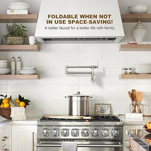 Miniatura 2 de WOWOW Grifo de llenado de ollas de níquel pulido, grifo de estufa comercial de montaje en pared, grifo plegable de latón para colocar sobre la