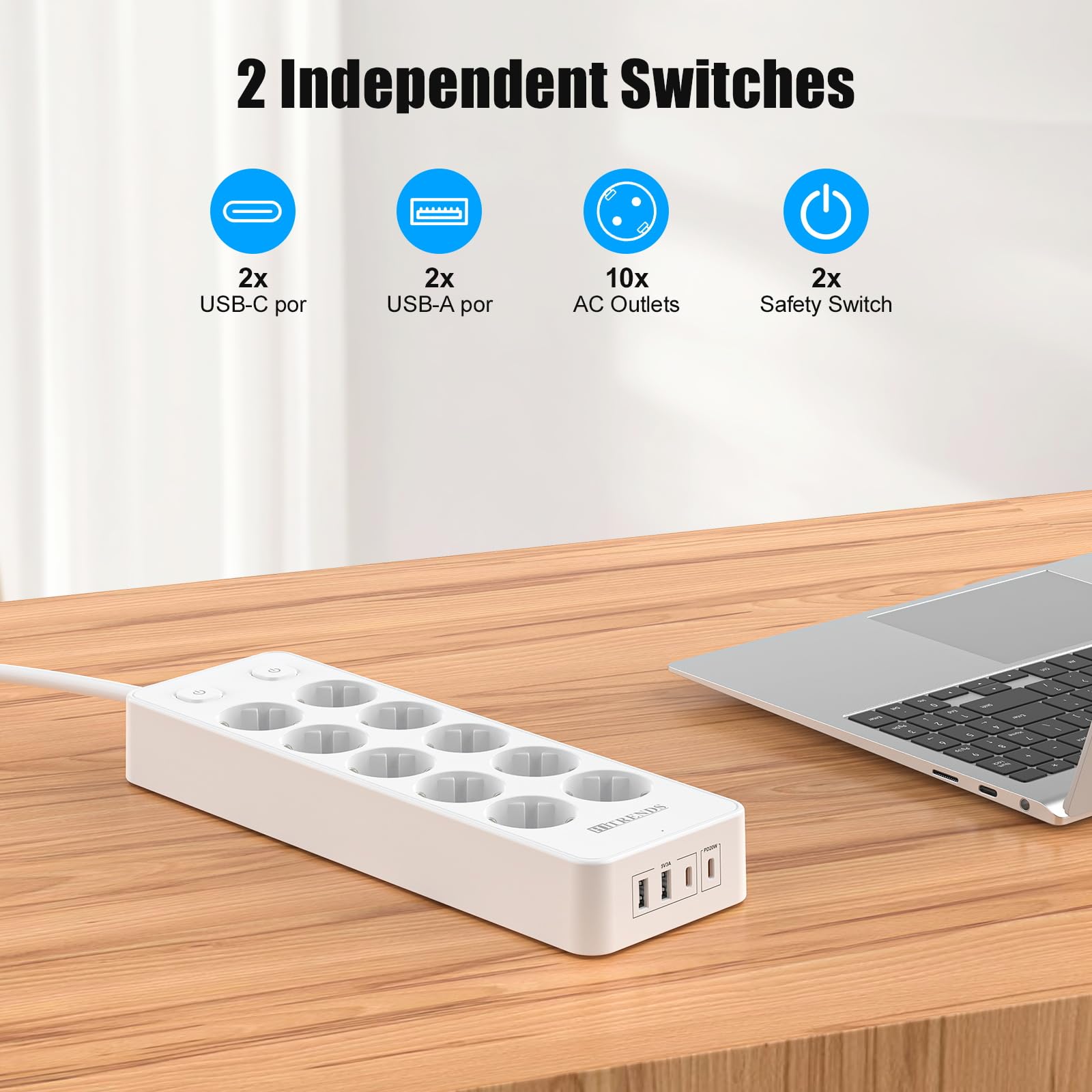 Ciabatta elettrica 10 prese, con 2 USB-A+ 2 USB-C (PD20W), presa con 2 interruttori, presa di distribuzione 230 V, spina multipla 2 m, per casa, scuola, ufficio (bianco)