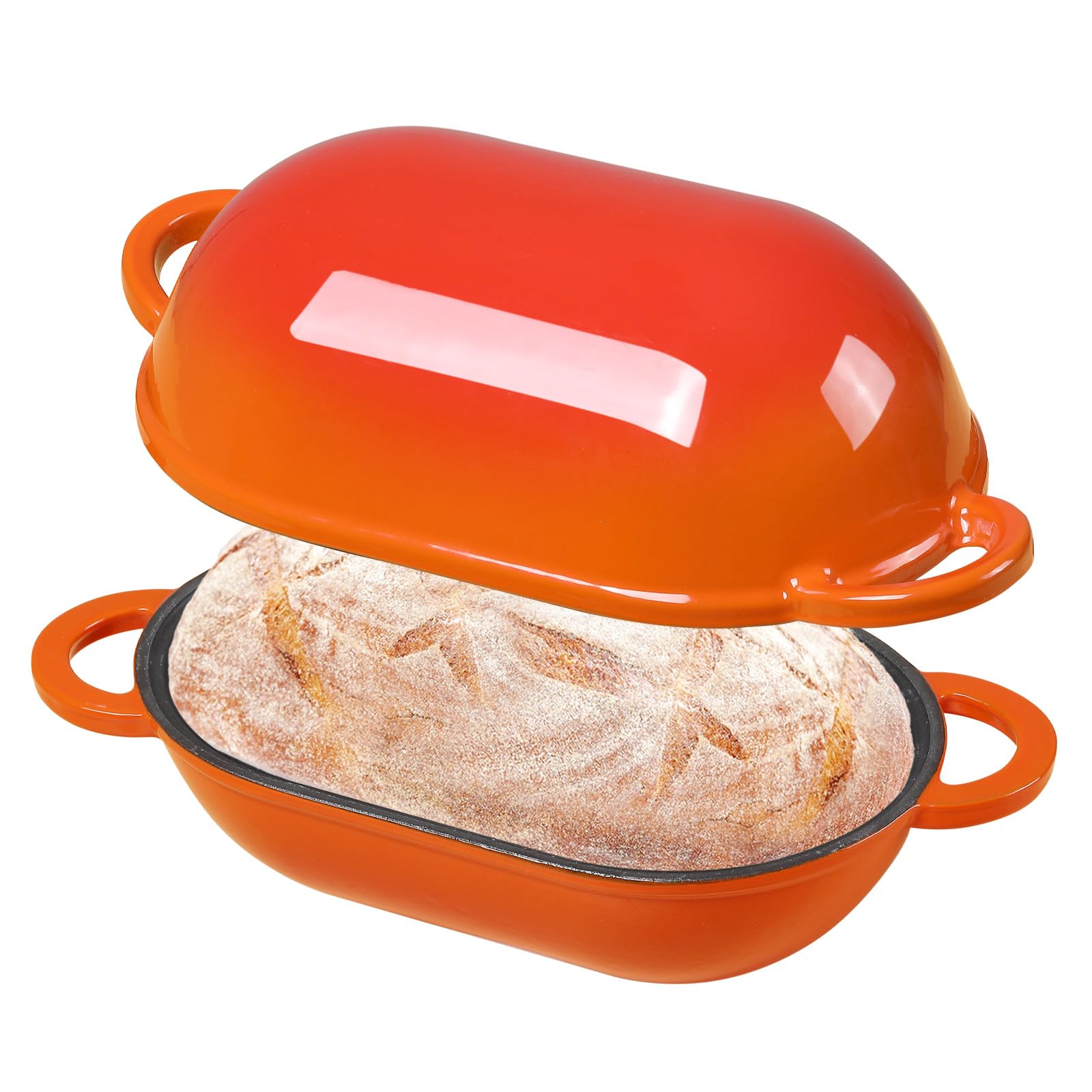 Teglia per pane in ghisa con coperchio, 23 cm, in ghisa smaltata, con coperchio, 2,75 l, ideale per il pane, adatta al forno (arancione)