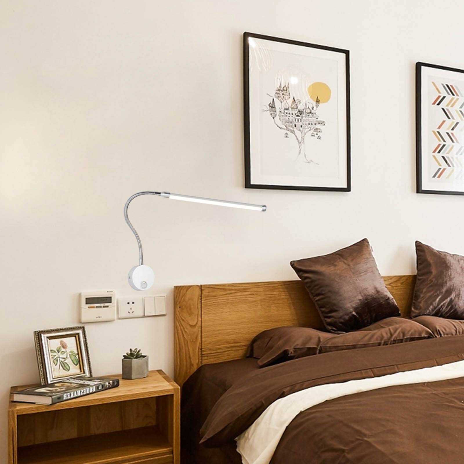 Lampada da Parete Interno Moderno 6W LED con Interruttore,Studio Lampada da Muro Regolabile Braccio Flessibile Argento Applique da Parete per Soggiorno Corridoio Bagno,4500k,Wireless