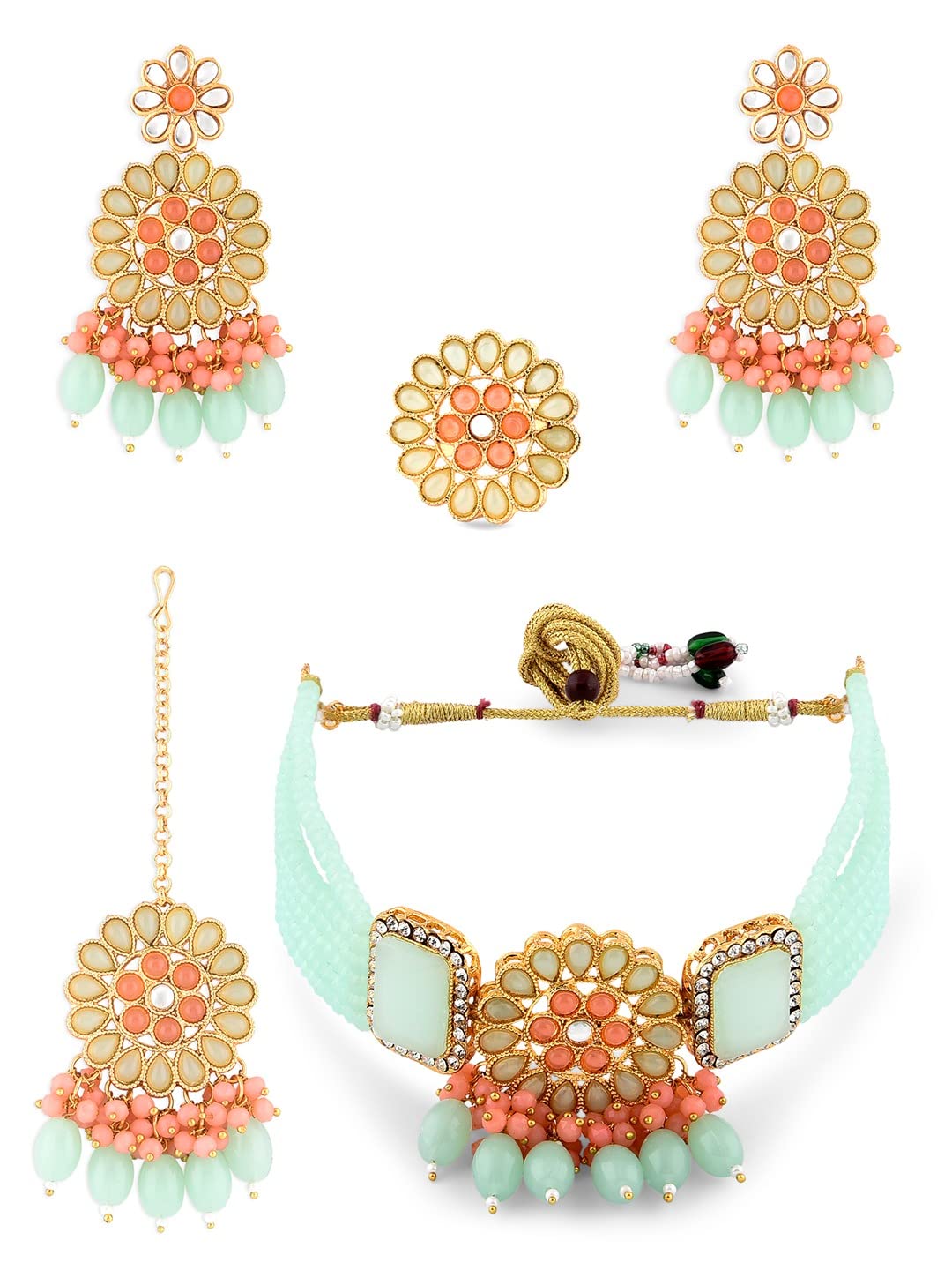 ZAVERI PEARLS Green Peach Multistrand Choker Necklace Earring Ring & Maangtikka Set For Women-ZPFK15362 (B0BRNC3X3X) Amazon Price History, Amazon Price Tracker