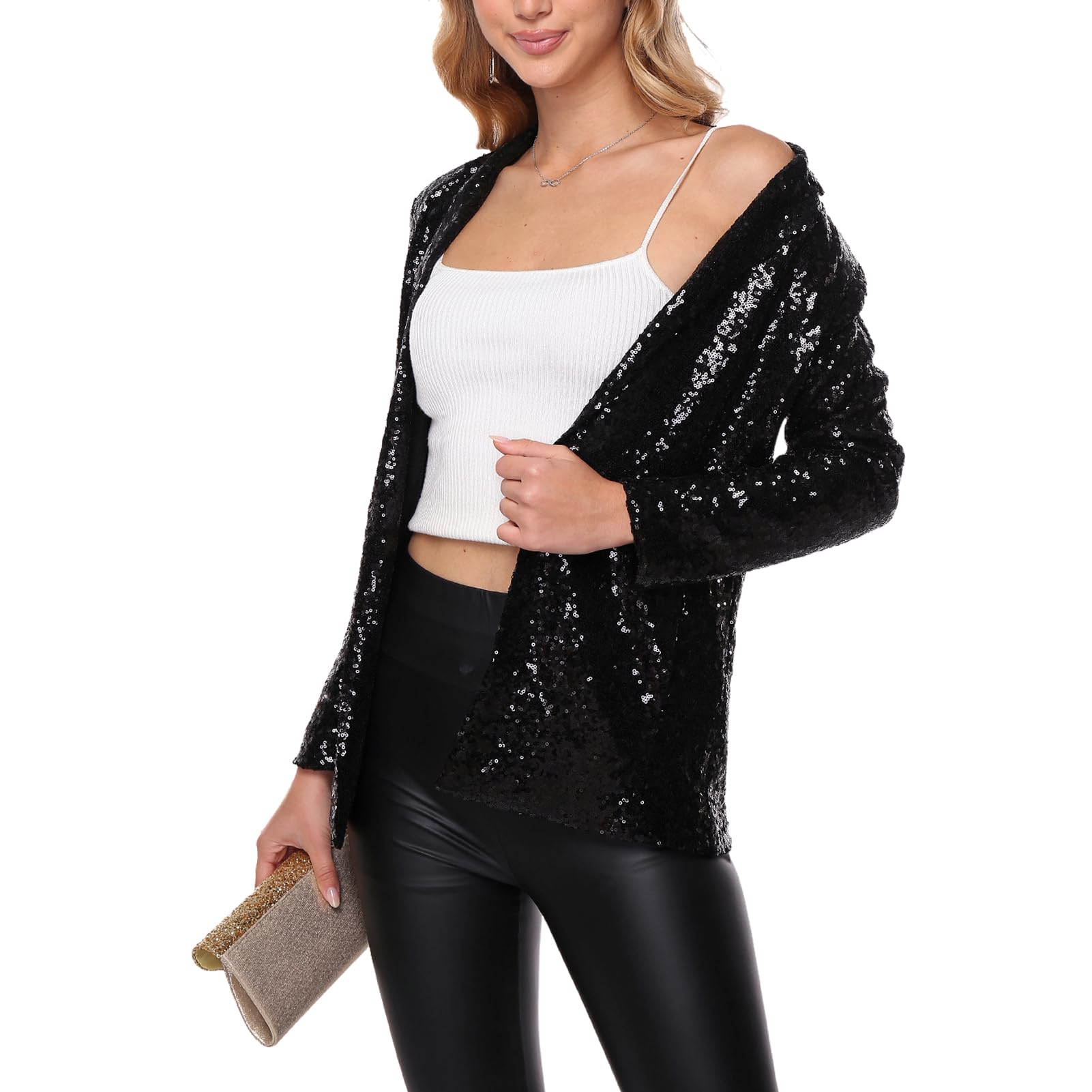 Chaqueta de lentejuelas para mujer, chaqueta con purpurina, solapa, manga larga, frontal, abierta, fiesta, festivo, ropa exterior, chaqueta de negocios casual