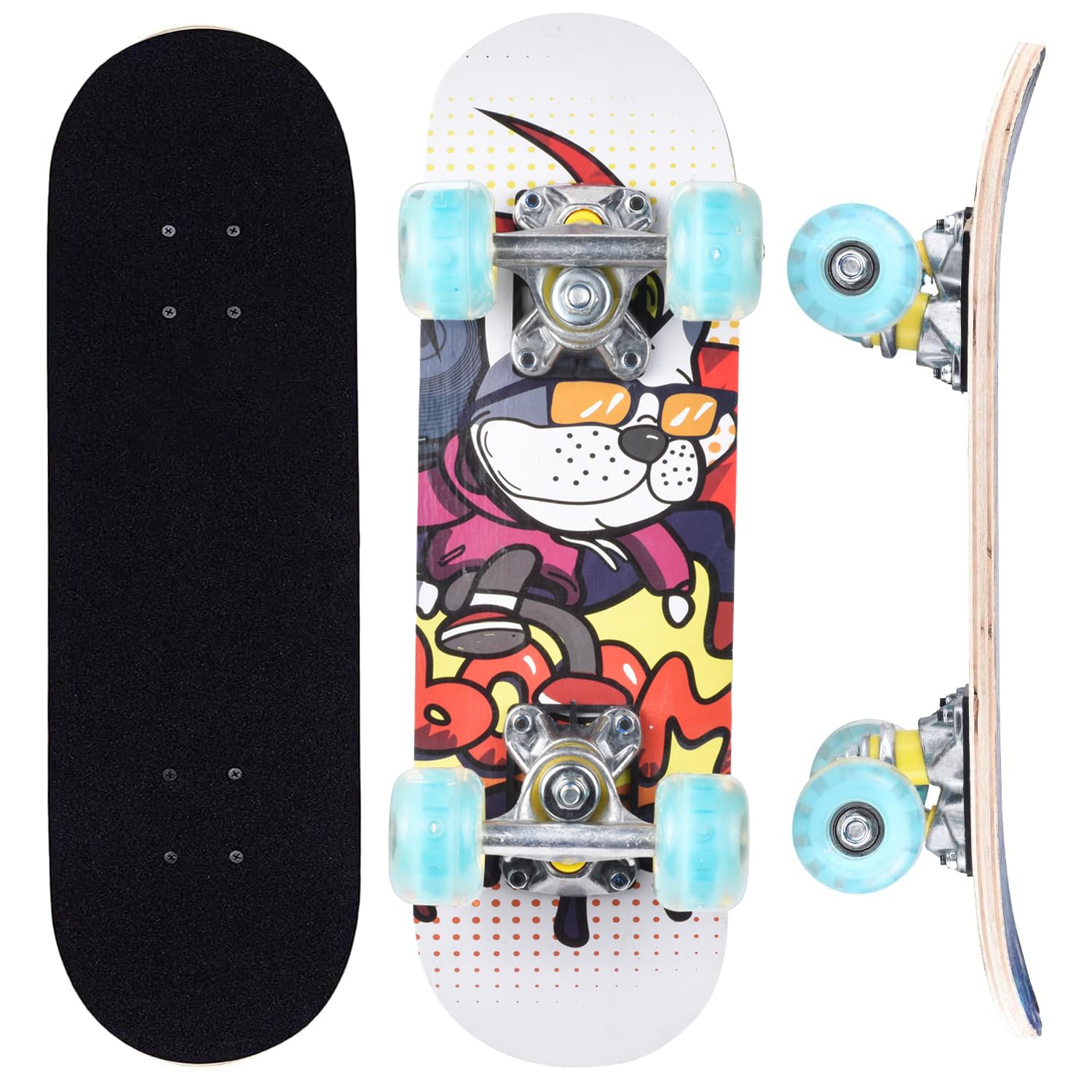 ERNAN Skateboard Completo per Principianti. Skateboard completo da 17 * 5 pollici. Double Kick Deck Concavo con 7 strati per ragazzi, ragazze (puppy)