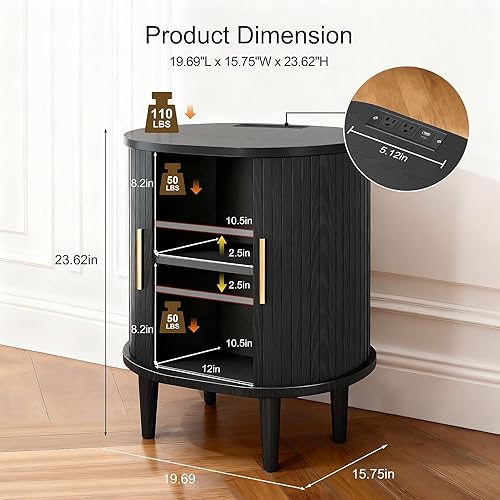 Miniatura 2 de Mesa auxiliar con estación de almacenamiento y carga, mesa auxiliar acanalada con puerta corredera y estante ajustable, mesita de noche moderna de