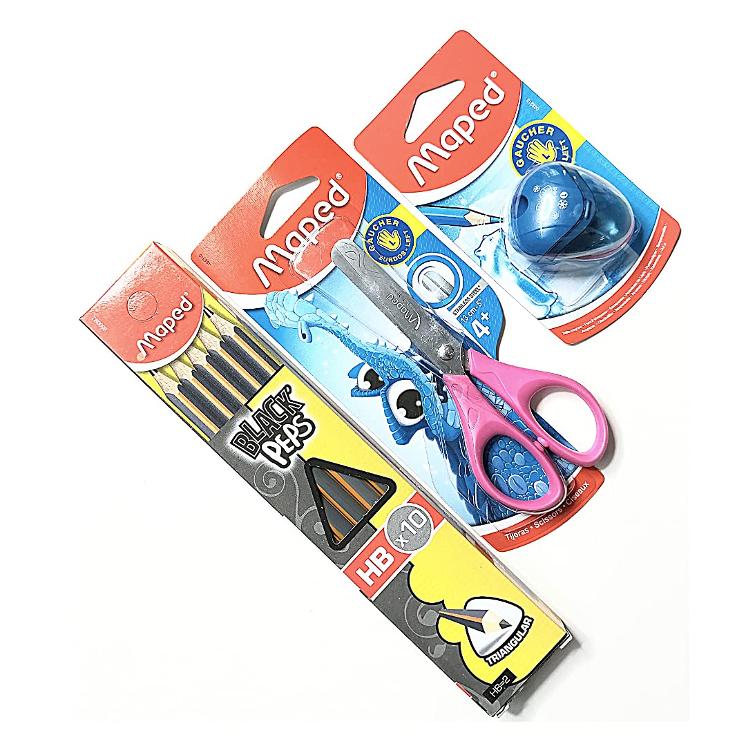 MAPED Bundle of one Essential Scissor for Left handers, one Pack of 10 Black Peps HB Pencils and one Igloo Sharpener for Left Handers (Black)