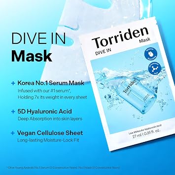 Torriden DIVE IN Hyaluronic Acid Facial Mask (10 sheets) | Deep Hydration Korean Face Sheet Mask | Panthenol & Allantoin | Korean Skincare Mask