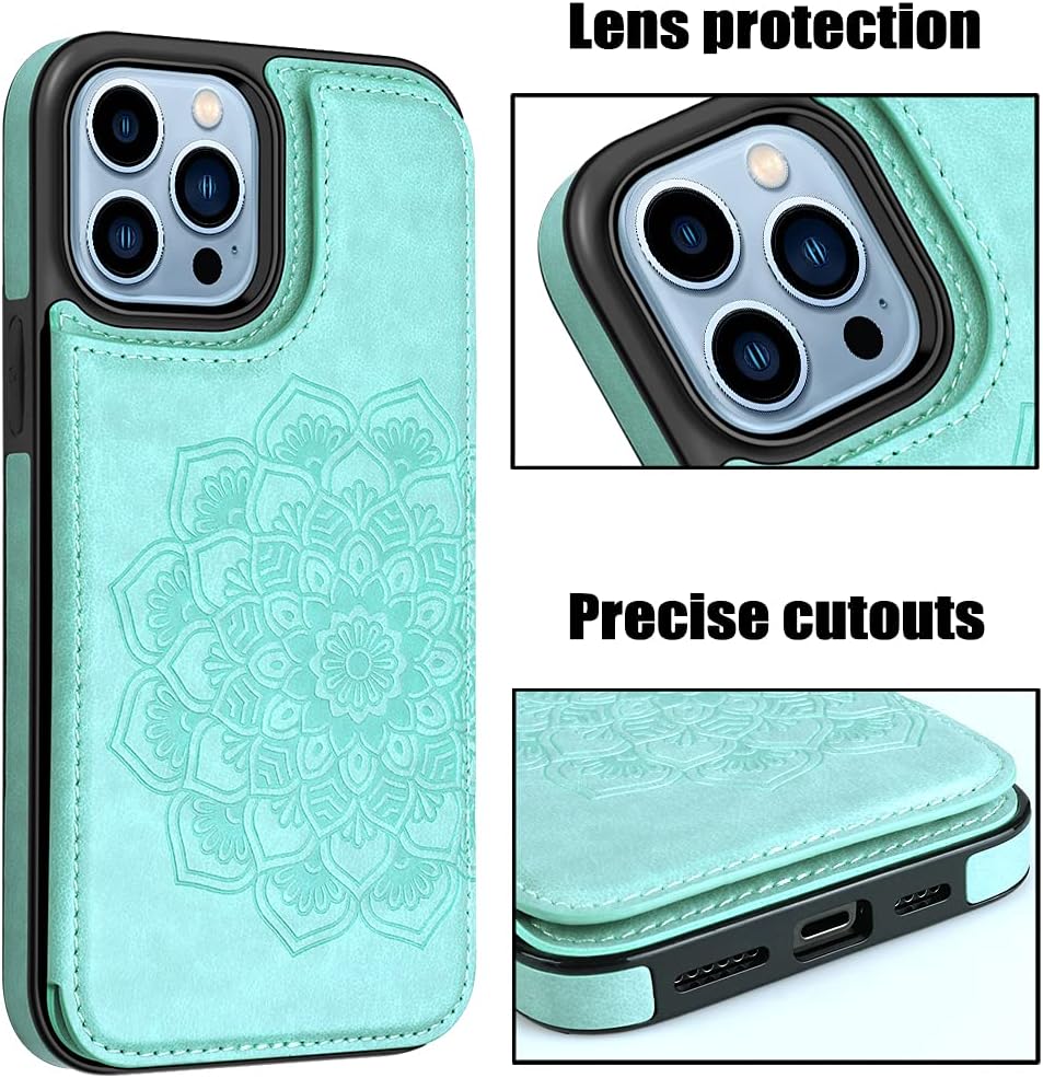 MMHUO for iPhone 13 Pro Max Case, Flower Magnetic Back Flip Case for iPhone 13 Pro Max Wallet Case for Women with Card Holder, Protective Case Phone Case for iPhone 13 Pro Max 6.7 Inch 2021, Mint
