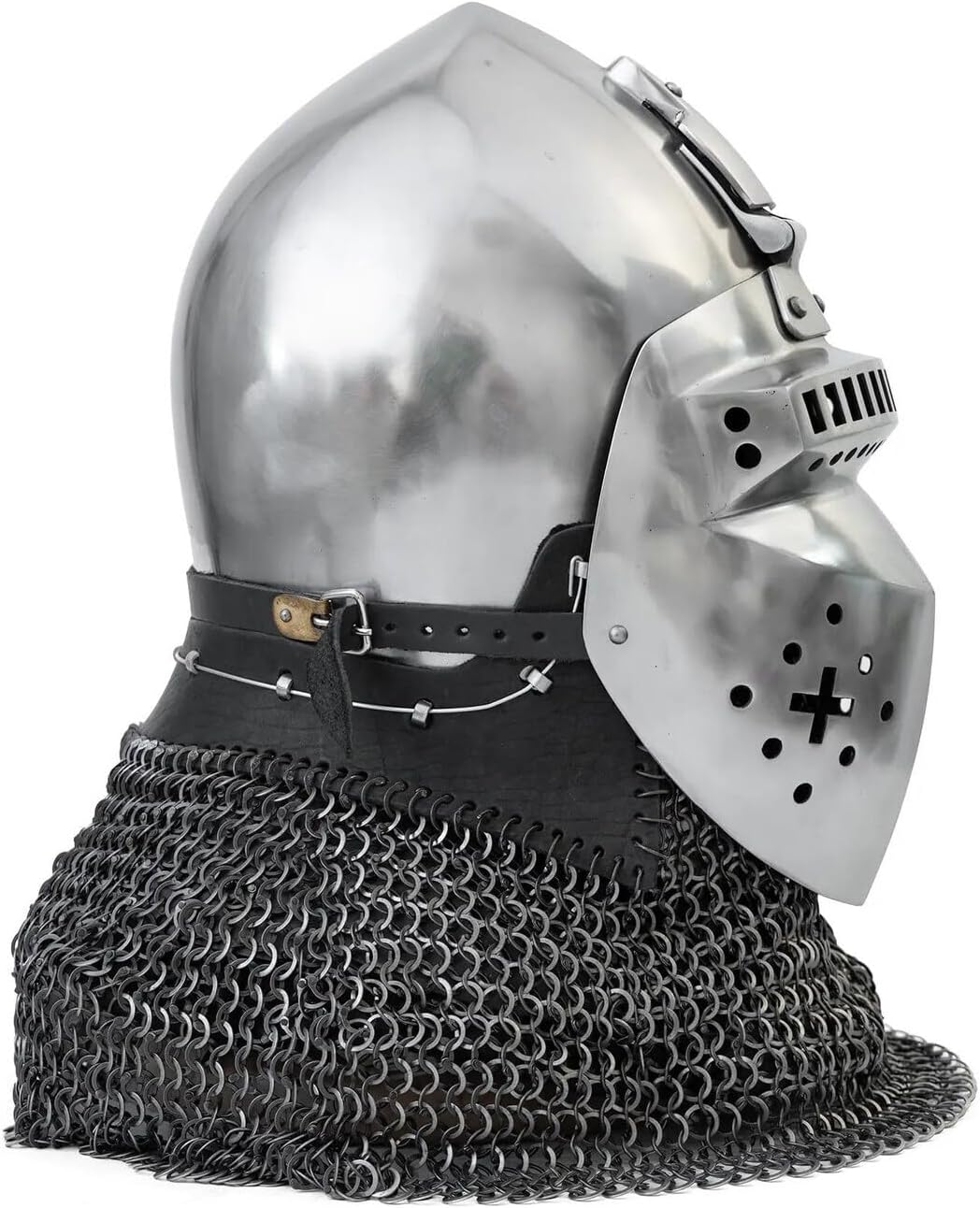 Medieval Knight Wearable Crusader Helmet with Visor & Chainmail Coif – Handmade Full Face Steel Armor Helmet for Cosplay, LARP, Reenactment & Costume – Adult Size
