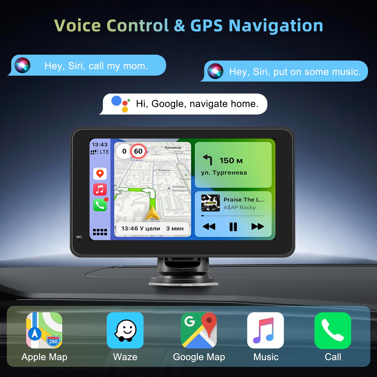 CarPlay sans Fil et pour A-pple Carplay & Android Auto, Écran Tactile IPS de 7'' ecran Voiture, Voiture Autoradio,Autoradio Portable avec Mirror Link/Bluetooth/GPS Navigation/Commande Vocale/AUX/FM