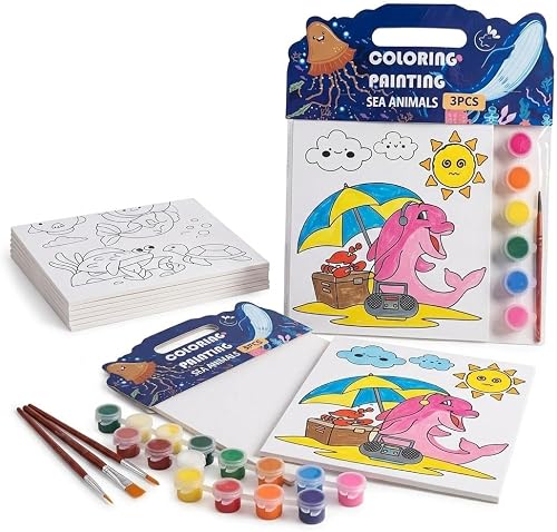 Sea Animals Coloring Painting Kit, 3 Pieces, with Paint Colours and Brush, Kids Art Set