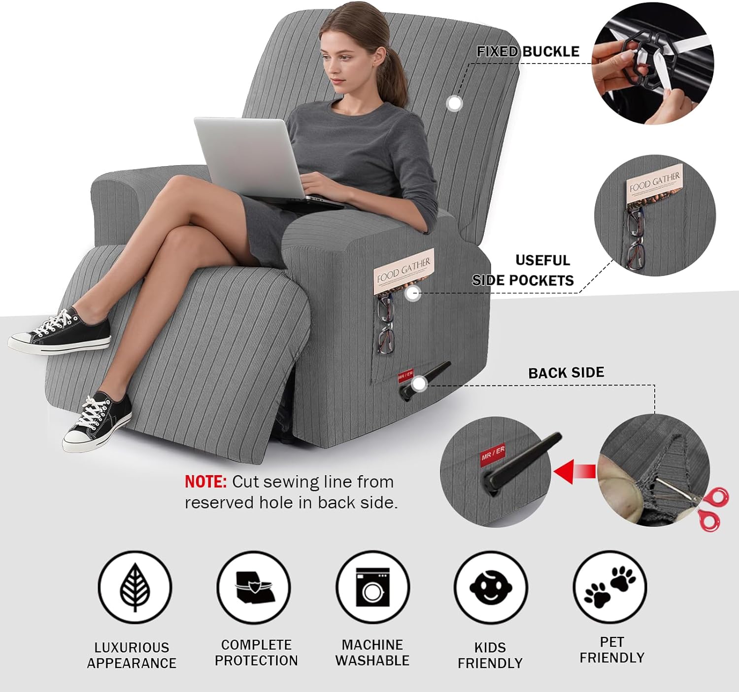 3 Pieces Stretch Recliner Chair Covers - Striped Pattern Slipcovers & Durable Furniture Protectors for Kids and Pets (1 Seater, Light Gray)