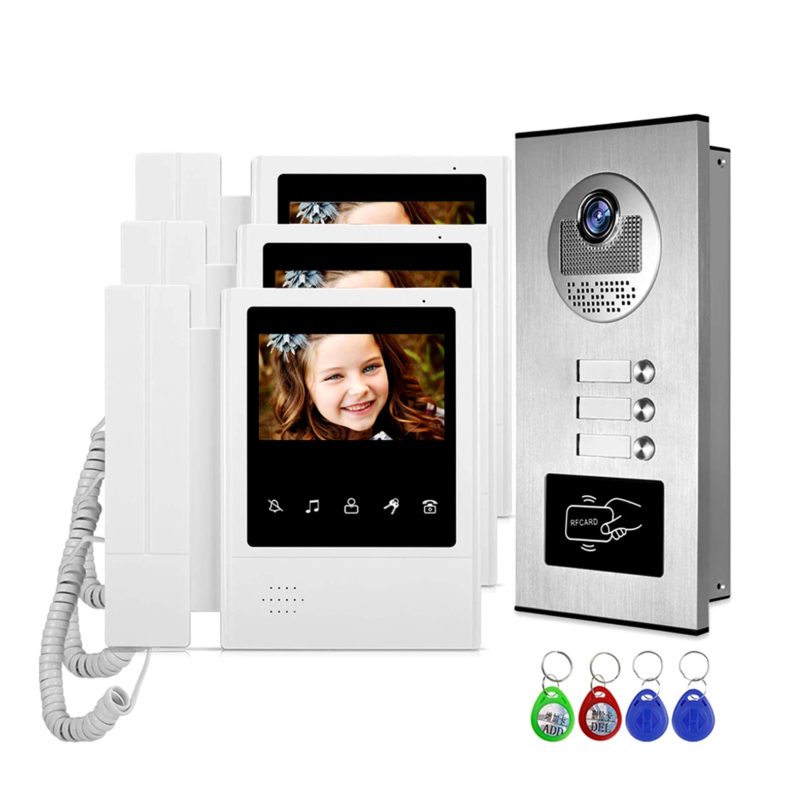 ANJIELO SMART Video Door Phone 4.3'' TFT Wired Video Intercom Doorbell System RFID Camera with 2/3/4 Monitor Doorphone for Multi Apartment EM Key Unlock (3M1B)