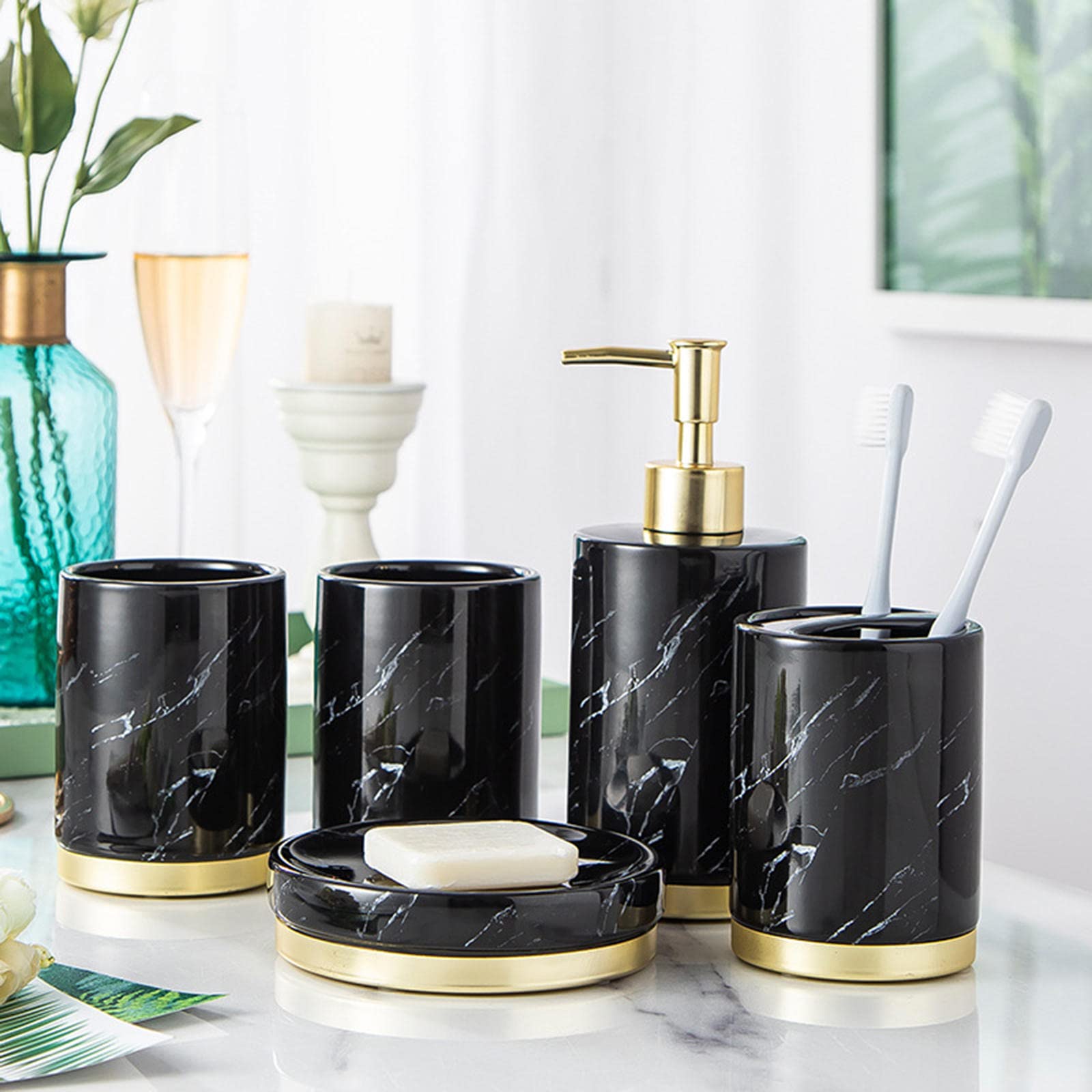 Juego de accesorios de baño, juego de accesorios de baño de cerámica, juego de baño de mármol de 5 piezas, ideas de regalo para el hogar para artículos de decoración del hogar (negro)