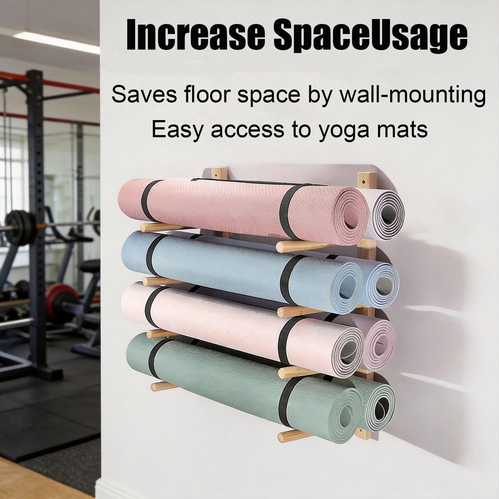 Organizador de almacenamiento para esterilla de yoga, estante montado en la pared para equipo de entrenamiento, rodillos de espuma y accesorios de fitness, diseño que ahorra espacio para equipos de