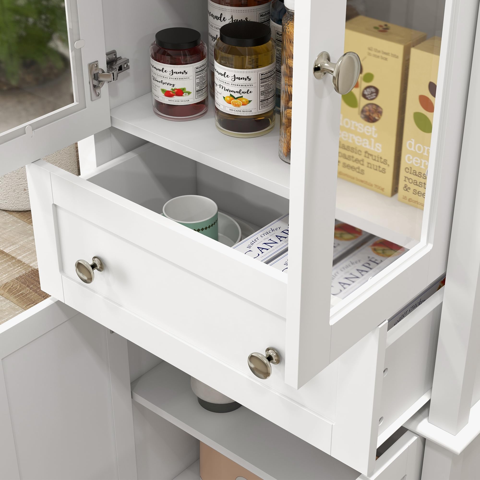 HOMCOM Alacena de Cocina Despensa con 2 Puertas 61x35x168,5 cm Blanco | Armario de Cocina, Vidrio Templado, Cajón, Estantes Ajustables, Aparador para Comedor