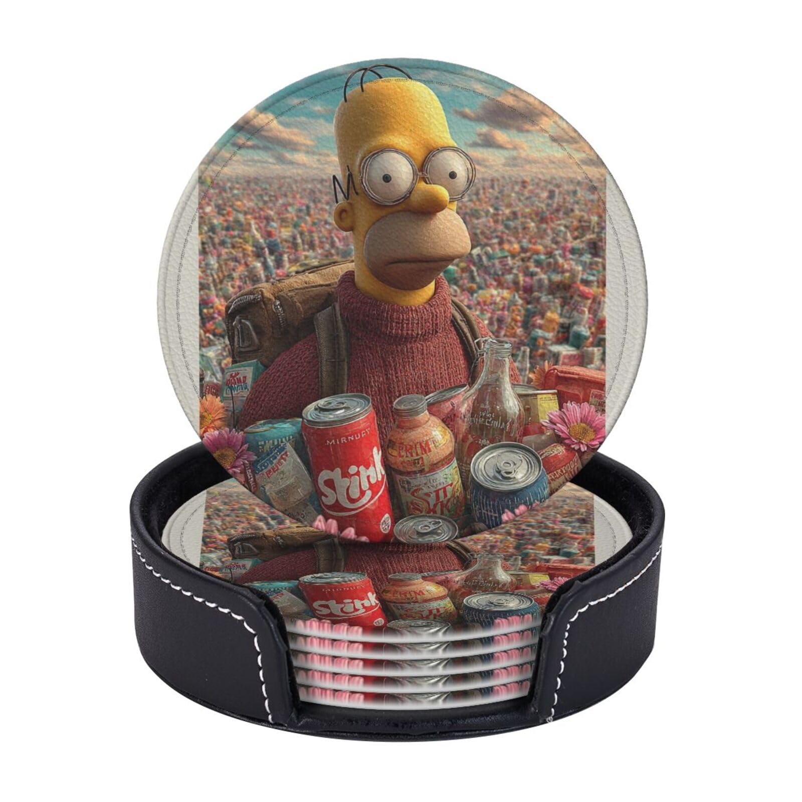 Coasters Set of 6 Leather Drink Coasters with Holder Simpsons Coasters for Drinks Heat Resistant Coaster Round Coffee Cup Mat Pad for Kitchen Office Home Decor