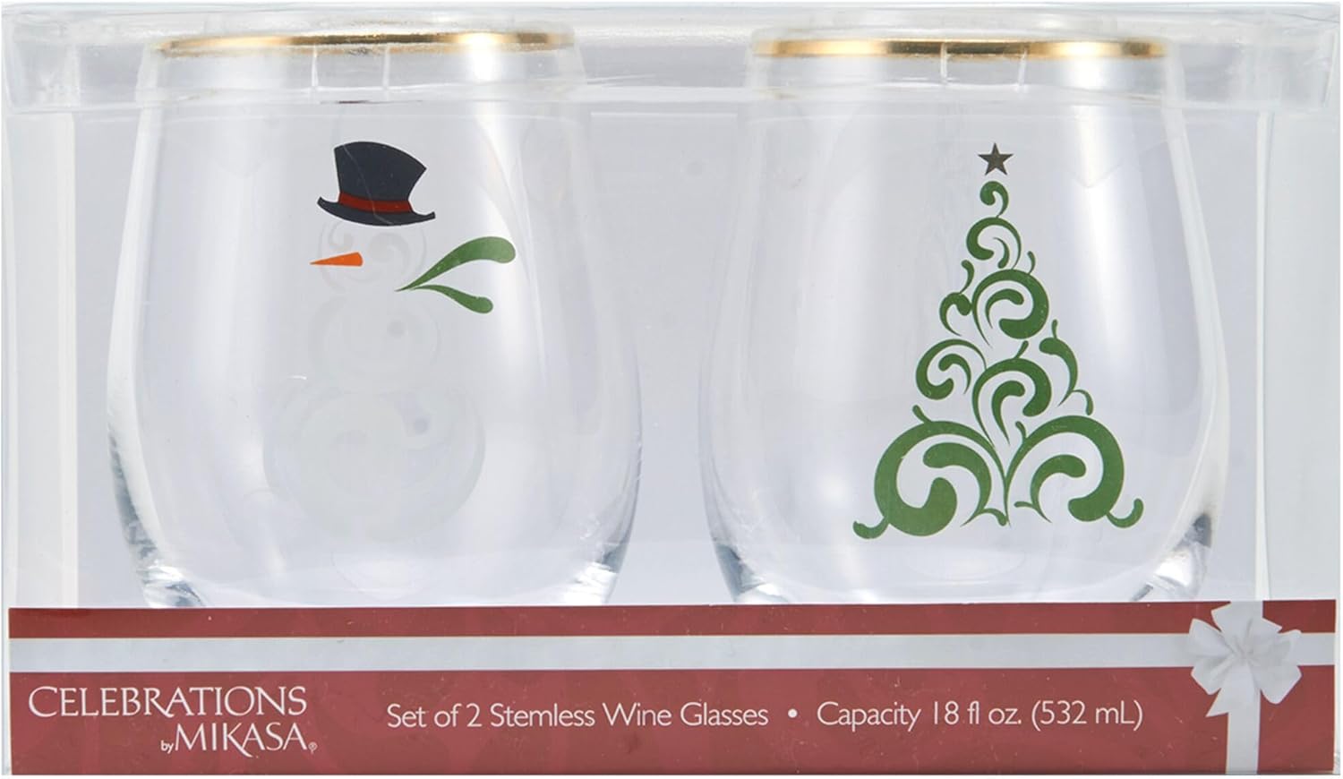Celebrations by Mikasa Holiday Tree Snowman Stemless Wine, Set of 2, 18 Ounce - Image 4