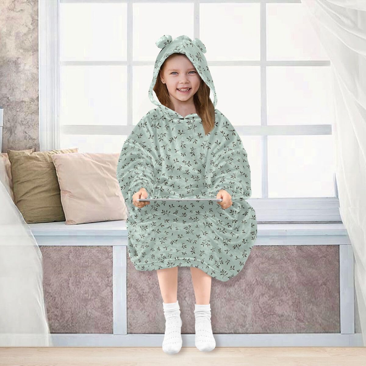Uroczy kwiatowy Lleaves dziecięcy koc do noszenia z kapturem oversize bluza koc sweter zielony dla chłopców i dziewcząt w wieku 3-14 lat, multi, 150-170