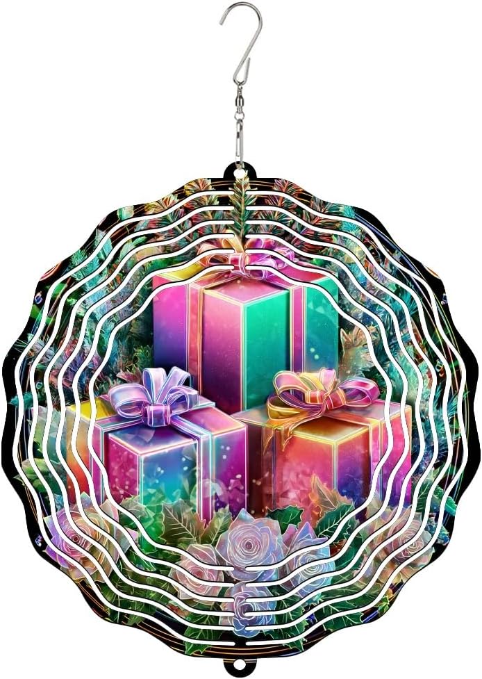 Presents Wind Spinner, Festive Colorful Bows Roses Christmas Multicolor Metal Hanging Wind Sculptures Outdoor Ornaments for Garden Patio Porch Balcony Home Decor 12 Inch