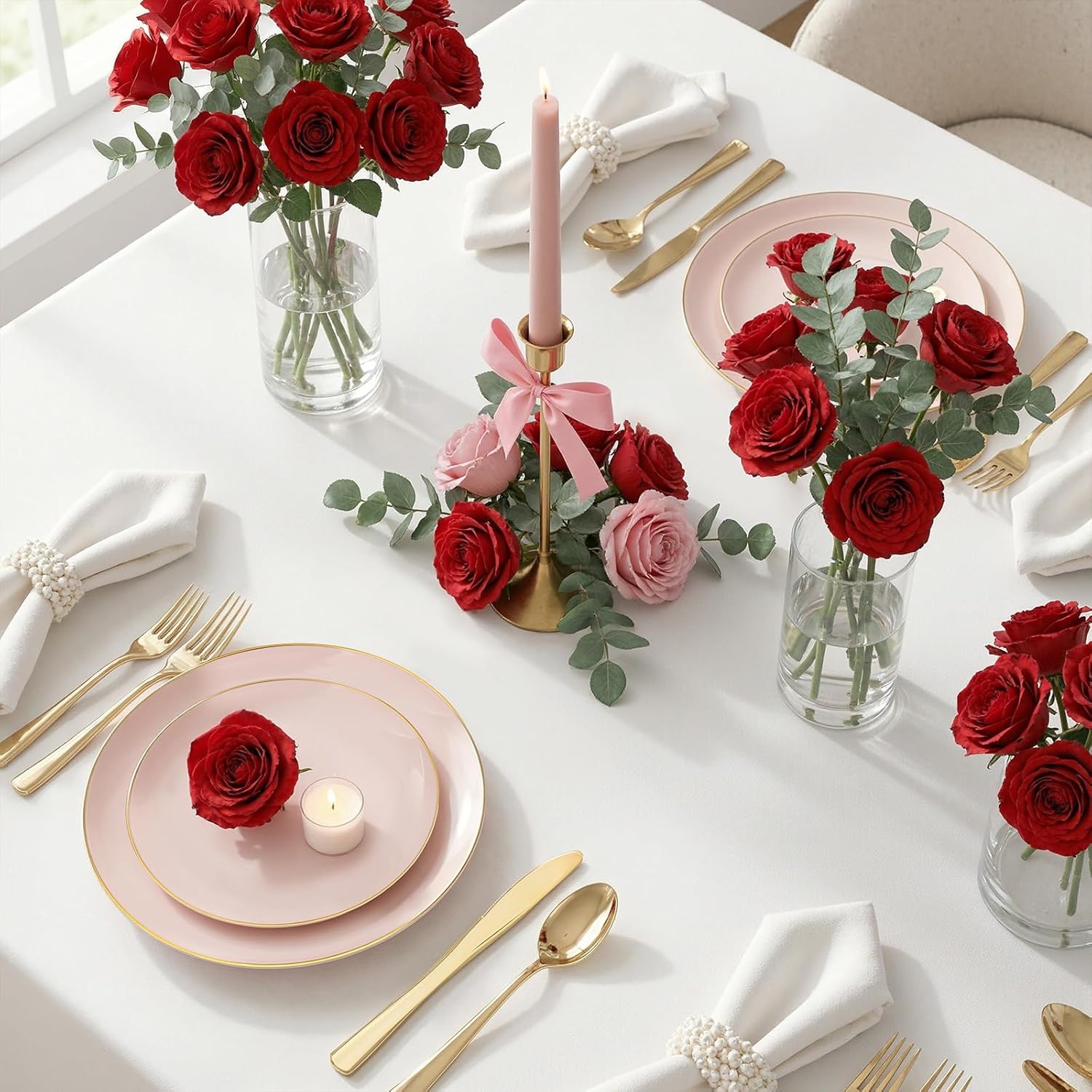 WDF 300Pcs Pink Plates Disposable - Pink and Gold Plastic Dinnerware Set for 50 Guests Include 50 Dinner & Cake Plates, 50 Disposable Cutlery, 50 9oz Cups for Wedding, Party, Valentine's Day - Image 5