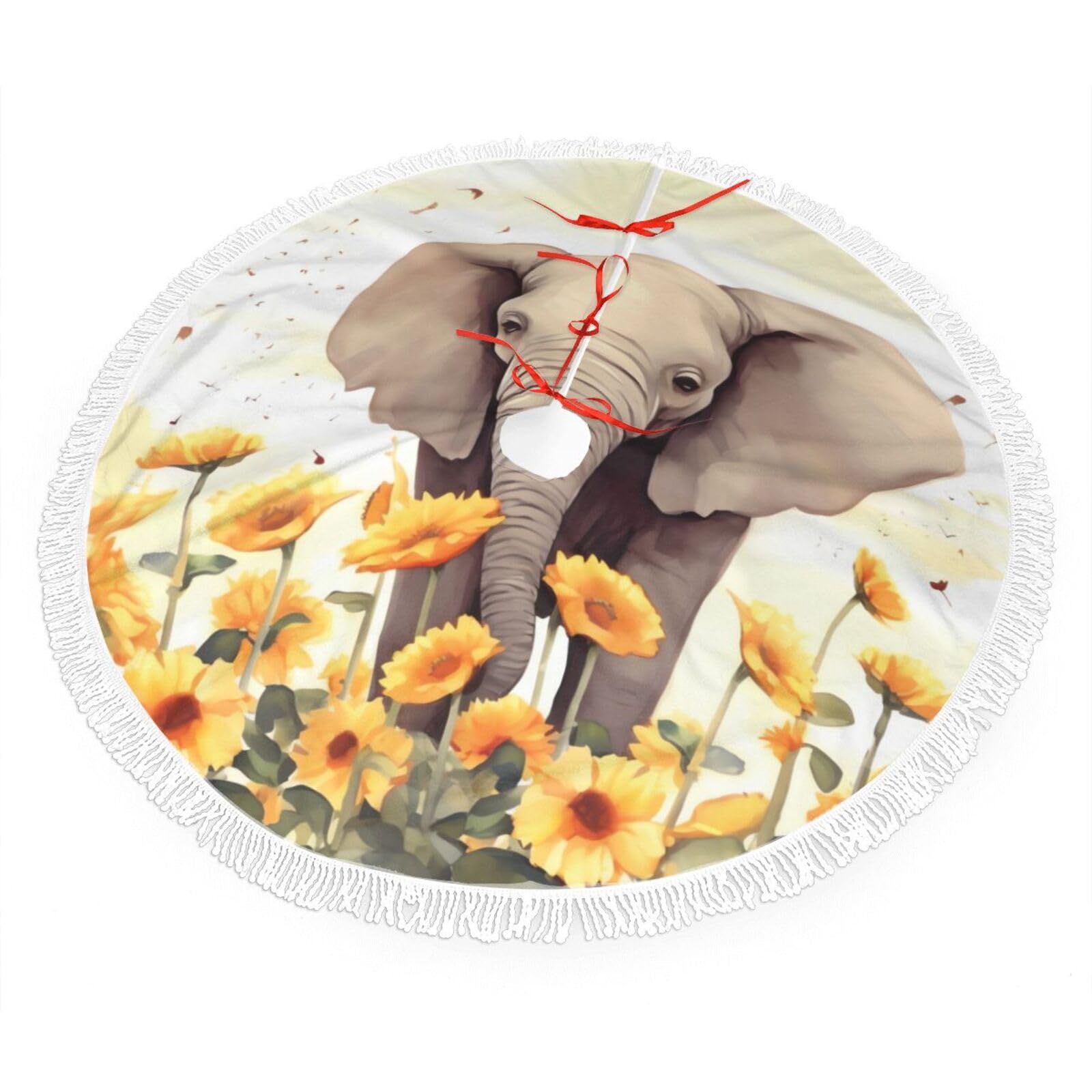 Elephant and Sunflower Christmas Tree Skirt 48", Soft Plush Xmas Tree Carpet with Tassel Christmas Ornaments Winter Holiday Tree Mat Decoration for Home Party Supplies