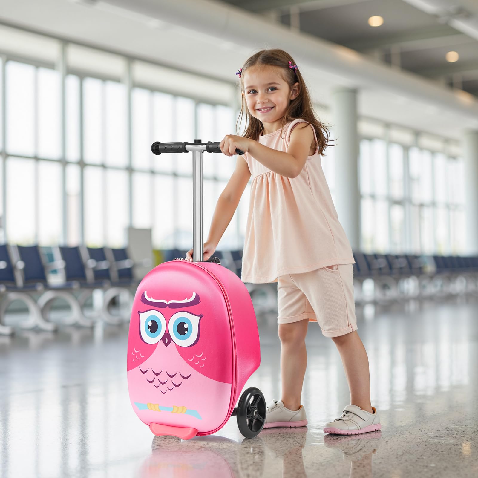 VEVOR Maleta Patinete Infantil 315x670x790 mm Capacidad de 20 L con Ruedas de Poliuretano Asa Ajustable Agarre Antideslizante de TPR Plegable y Ligera para Niños Mayores de 5 Años para Viajar, Rosa