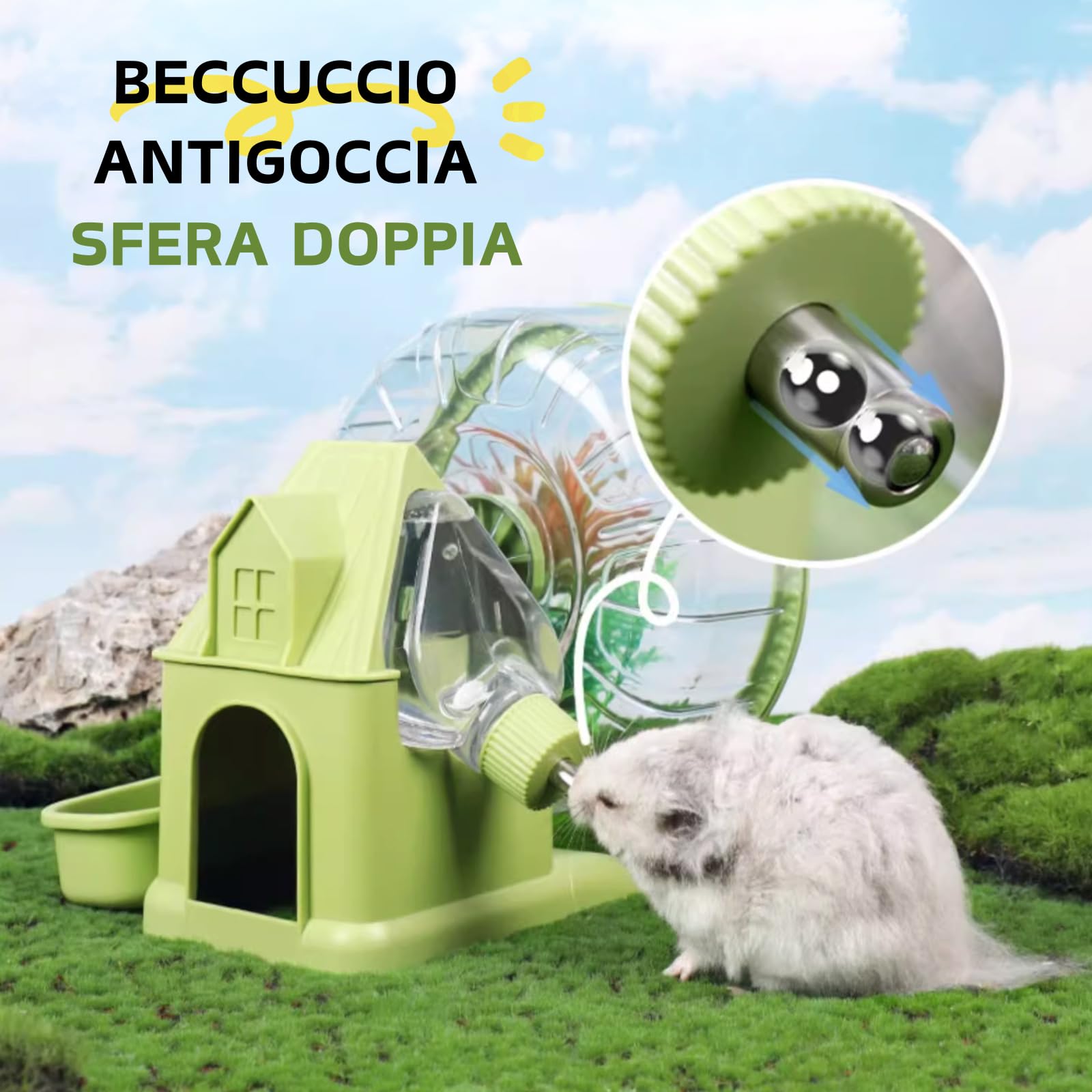 Ruota 4 in 1 per Criceto, Casa per Criceto con Ruota per Corsa, Ciotola per Cibo, Bottiglia d'Acqua e Nascondiglio, Giocattoli per Esercizio e Corsa per Piccoli Animali (Verde, 19.5cm)