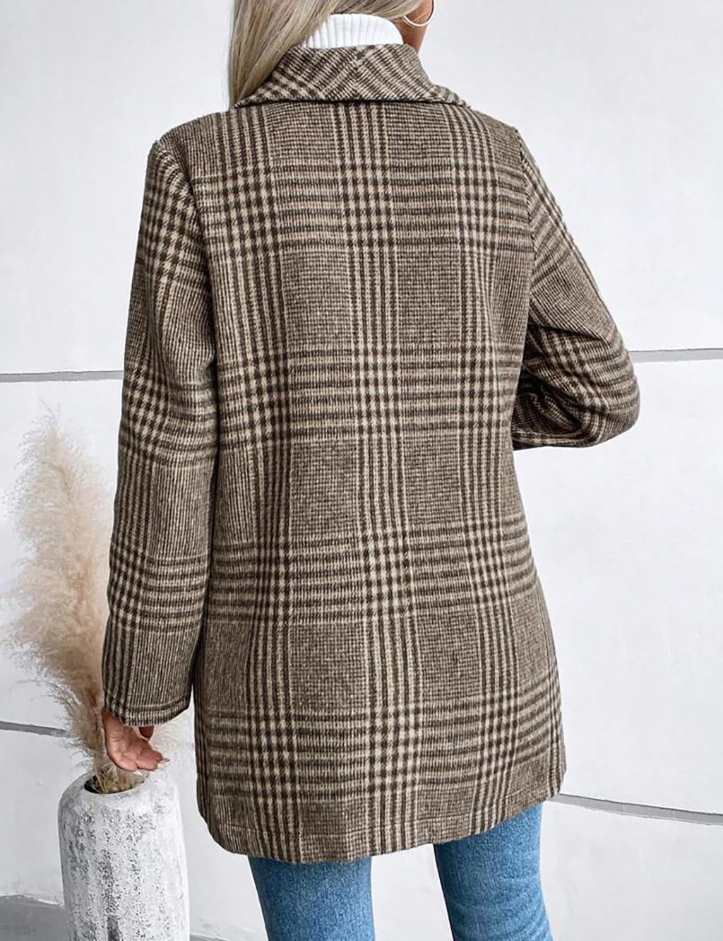 IDEALSANXUN Blazer largo de lana a cuadros para mujer, trajes de otoño e invierno, gabardina de manga larga, casual, elegante, chaqueta con solapa
