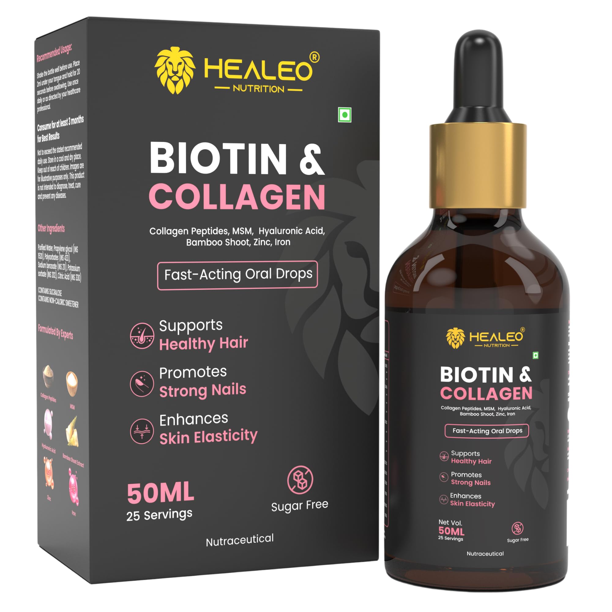 Healeo Biotin & Collagen Drops 50ml – Fast Absorbing Oral Supplement with Collagen Peptides, MSM, Hyaluronic Acid, Bamboo Shoot, Zinc & Iron – Supports Hair Growth, Strong Nails & Glowing Skin-image-21