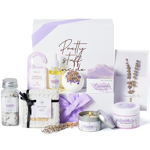 Peacoeye Christmas Gifts for Women Spa Gifts Lavender Bath Gift Baskets Relaxing Self Care Gift for Mom Her Sister Wife Auntie Home Bath and Body